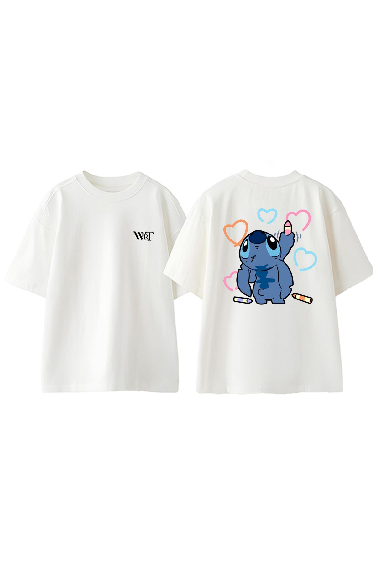 THEWERT Stitch Drawing Heart Tasarım Sırt Baskılı Pamuk Beyaz Oversize T-shirt