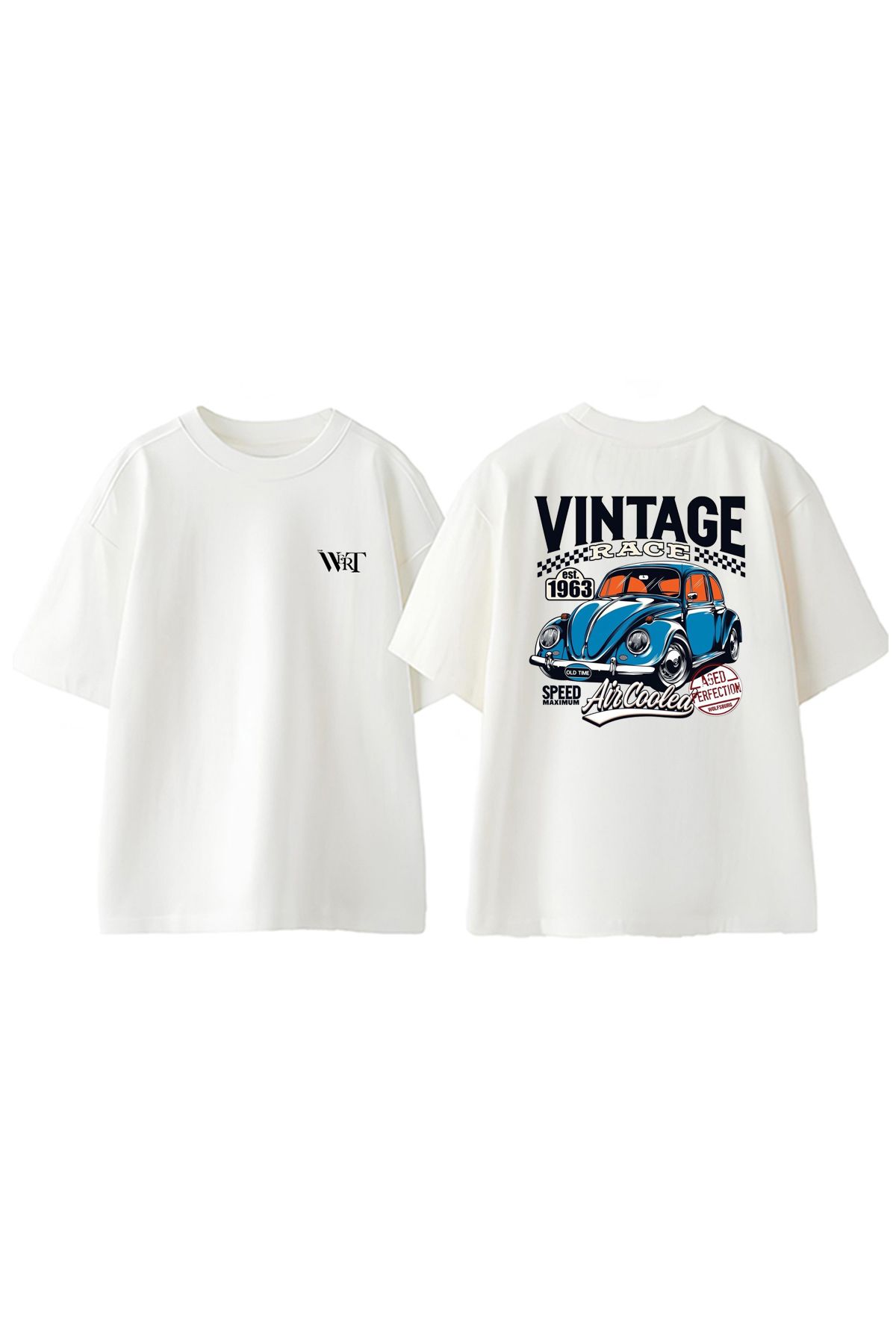 THEWERT Vıntage Race Air Cooled Tasarım Sırt Baskılı Pamuk Beyaz Oversize T-shirt