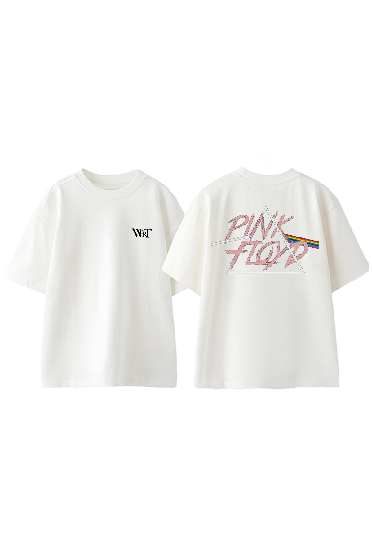 THEWERT Pink Floyd Pembe Yazi Tasarım Sırt Baskılı Pamuk Beyaz Oversize T-shirt