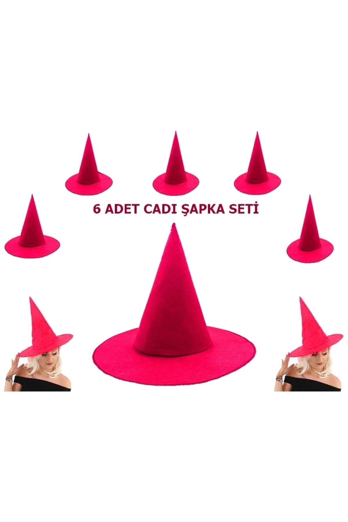 STOREMAX Pembe Fuşya Renk Keçe Cadı Şapkası Yetişkin Çocuk Uyumlu 6 Adet (5047)