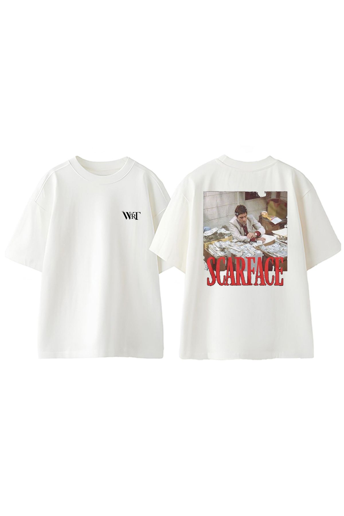 THEWERT Scarface Money Tasarım Sırt Baskılı Pamuk Beyaz Oversize T-shirt