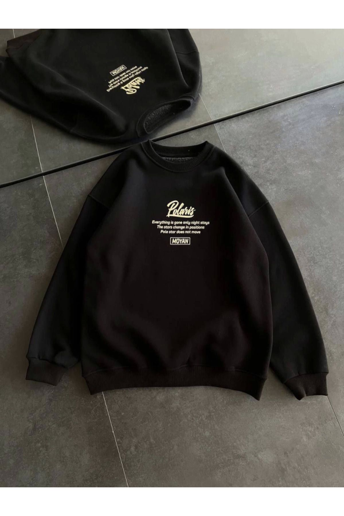 royq Kışlık Bisiklet Yaka Ön Ve Arka Baskılı SweatShirt - Siyah