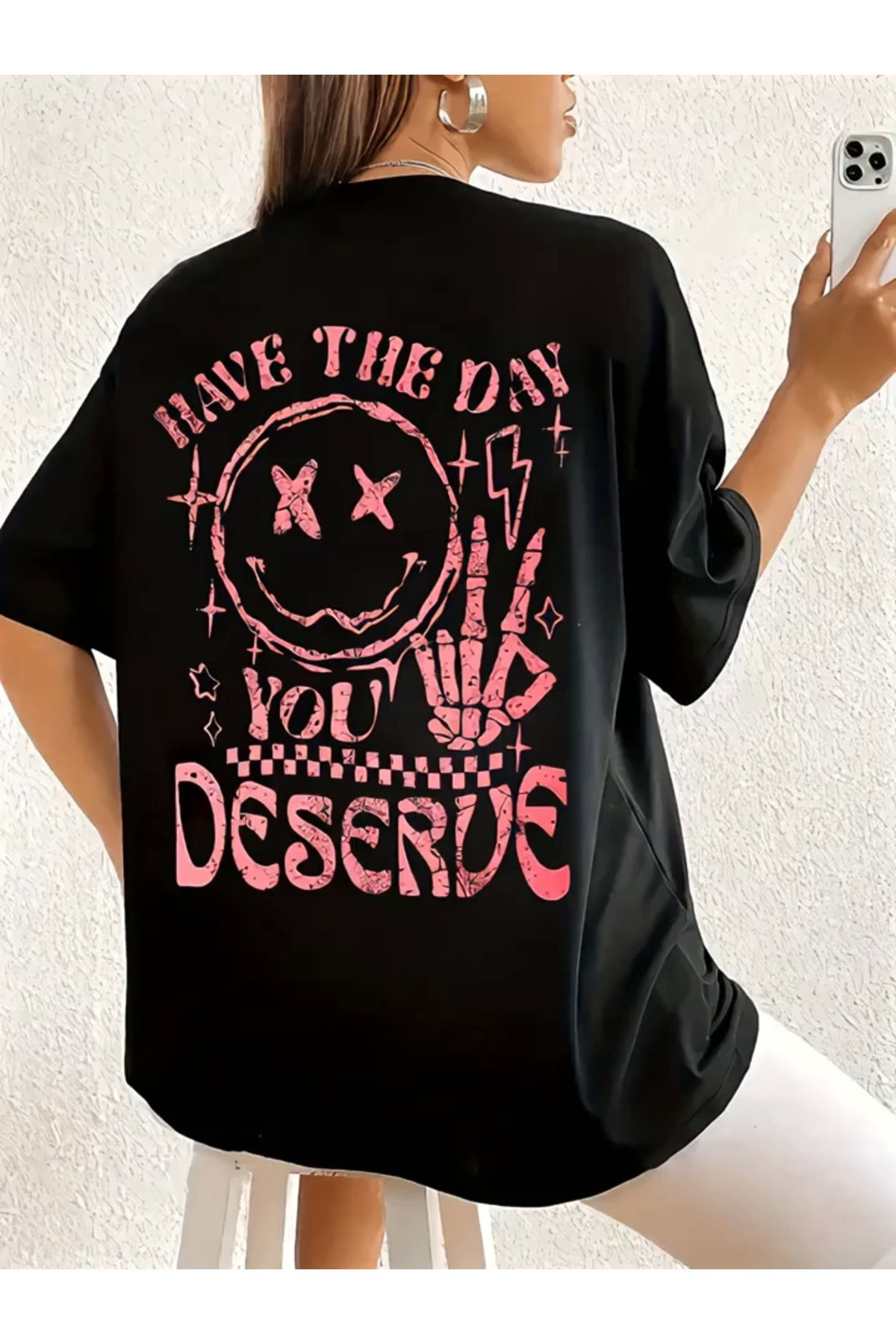 POLEXP Baskılı Oversize Bisiklet Yaka T-shirt - Siyah