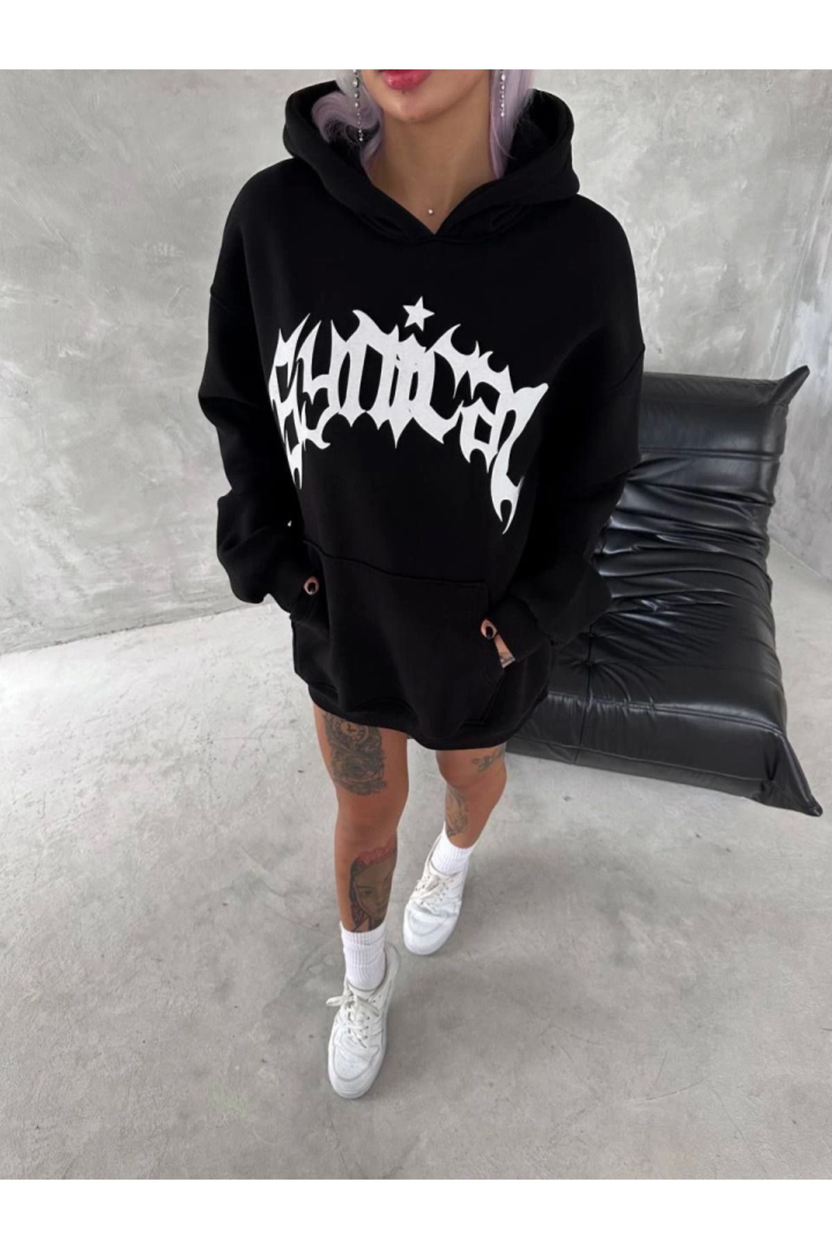 royq Unisex Üç İplik Kapşonlu Baskılı SweatShirt - Siyah