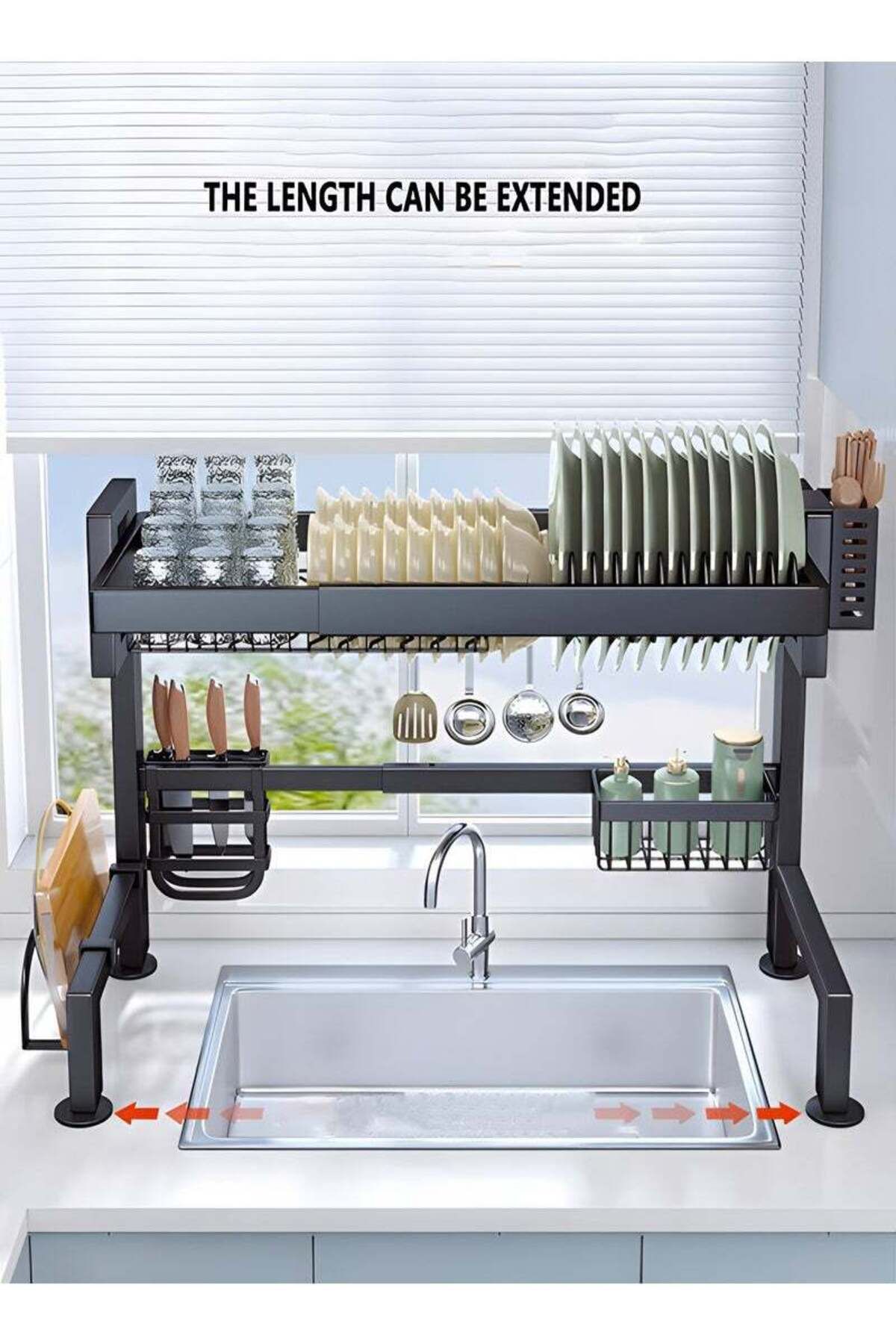 Taimi-Over Sink Dish Drying Rack (75cm) with Cutlery Basket, Knife and Cutting Board Holder Black 4