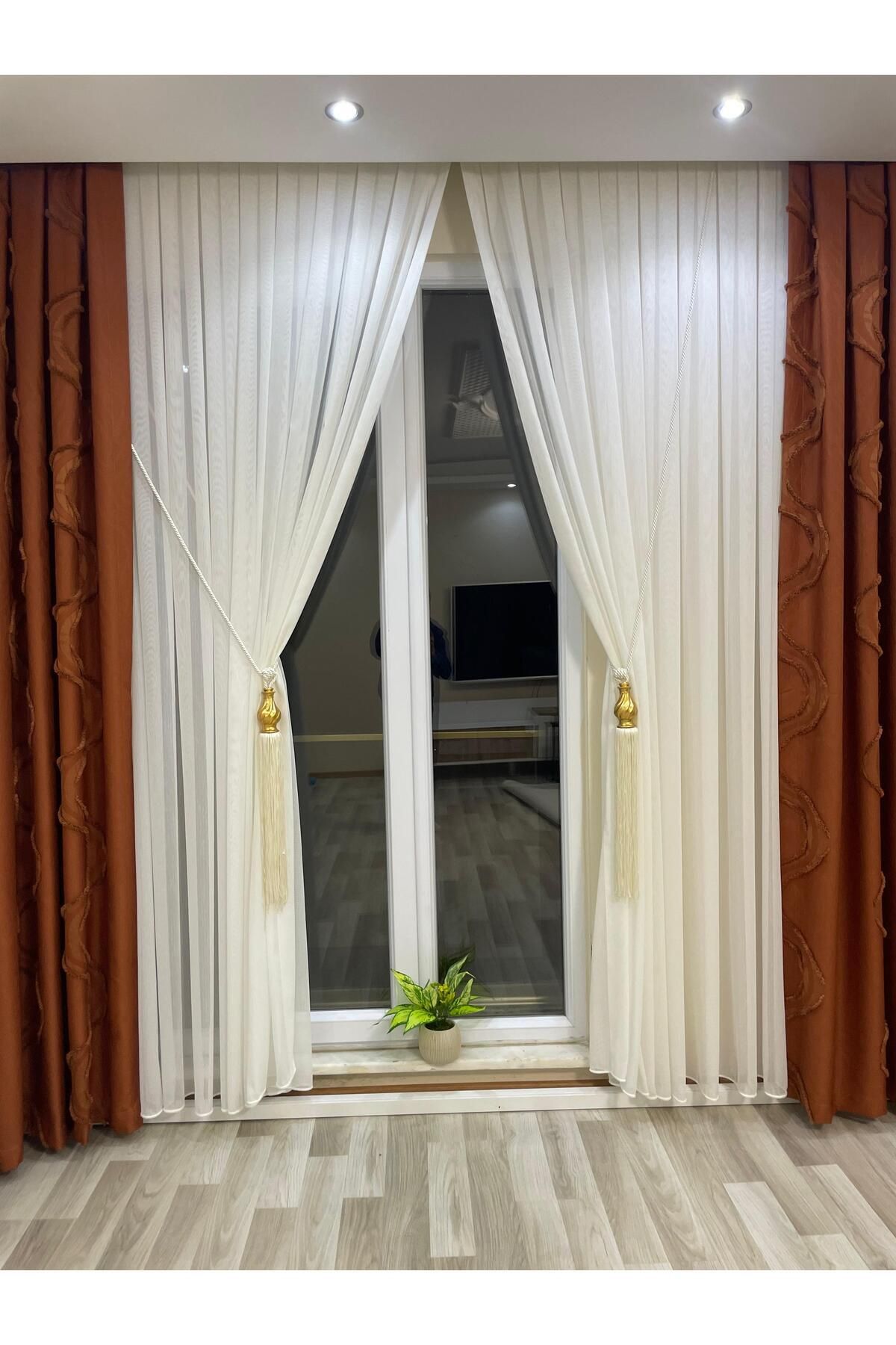 GACALLAR HOUSE Taçsoft Bambu Kruvaze Ağır Gramajlı Şantuklu 1/3 Kat Sık Pileli Ütü İstemez Aksesuar Dahil Tül Perde