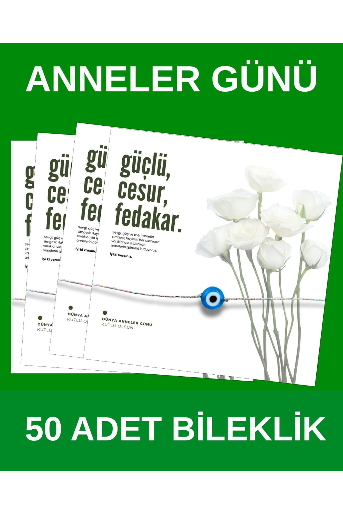 Taş Sanatı Doğaltaş Anneler Günü Cam Nazar Boncuklu Hediye Kartlı Şans Bilekliği - ( 50 Adet )
