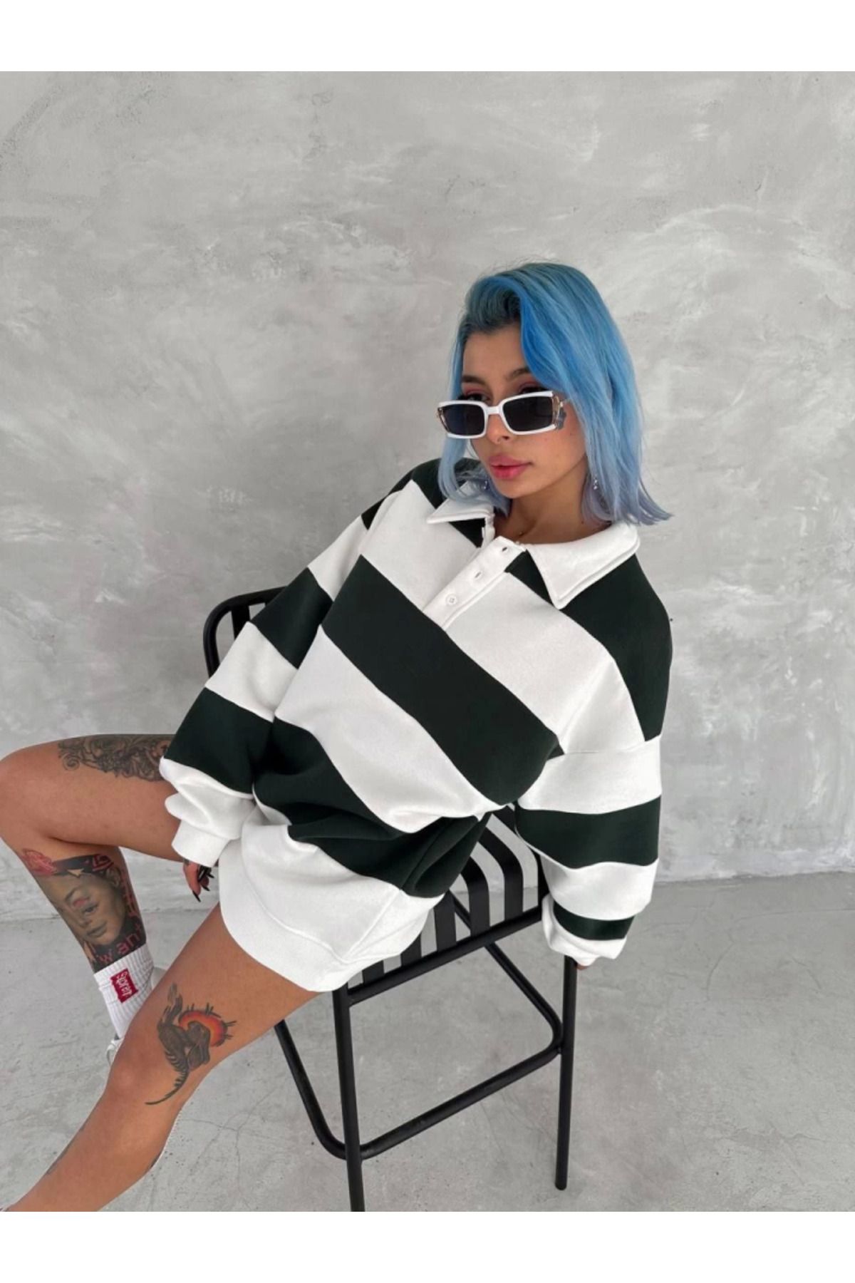 royq Unisex Üç İplik Parçalı Yakalı SweatShirt - Yeşil