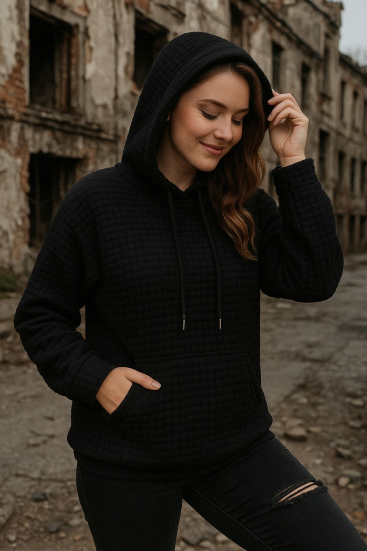royq Kadın Uzun Kollu Kapşonlu Bağcıklı Cepli Capitone Sweatshirt