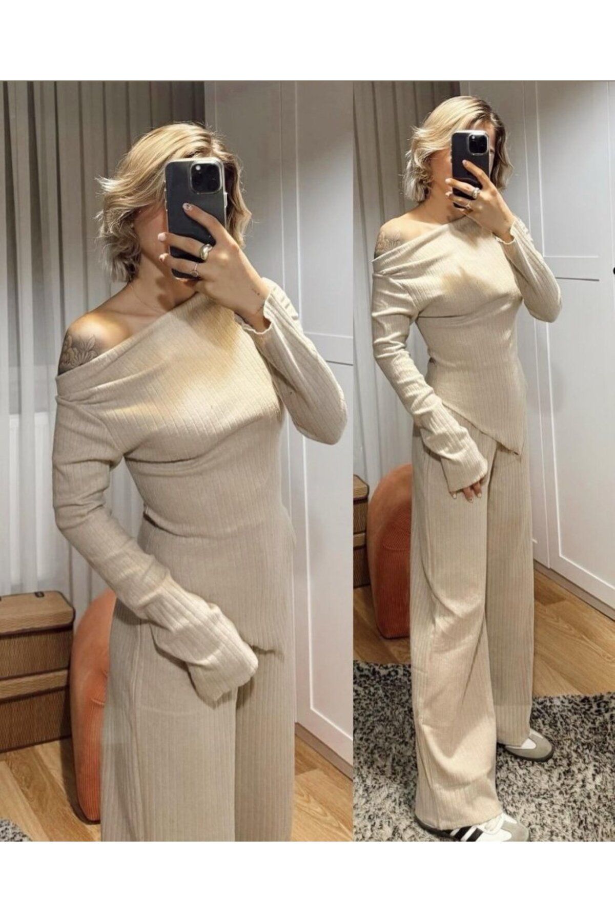 royq Kadın Uzun Kollu Omuzlardan Açık Asimetrik Kesim Kaşkorse Bluz Ve Pantolon Ikili Pantolon