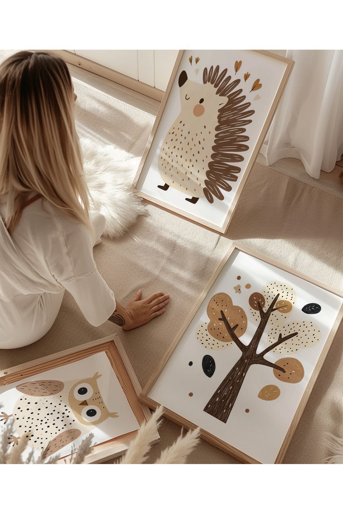 Home 3'lü Bej Tonlarında Sevimli Canlılar, Çocuk Odası Dekoru, Çocuk Odası Dizayn, Çerçevesiz Poster Seti