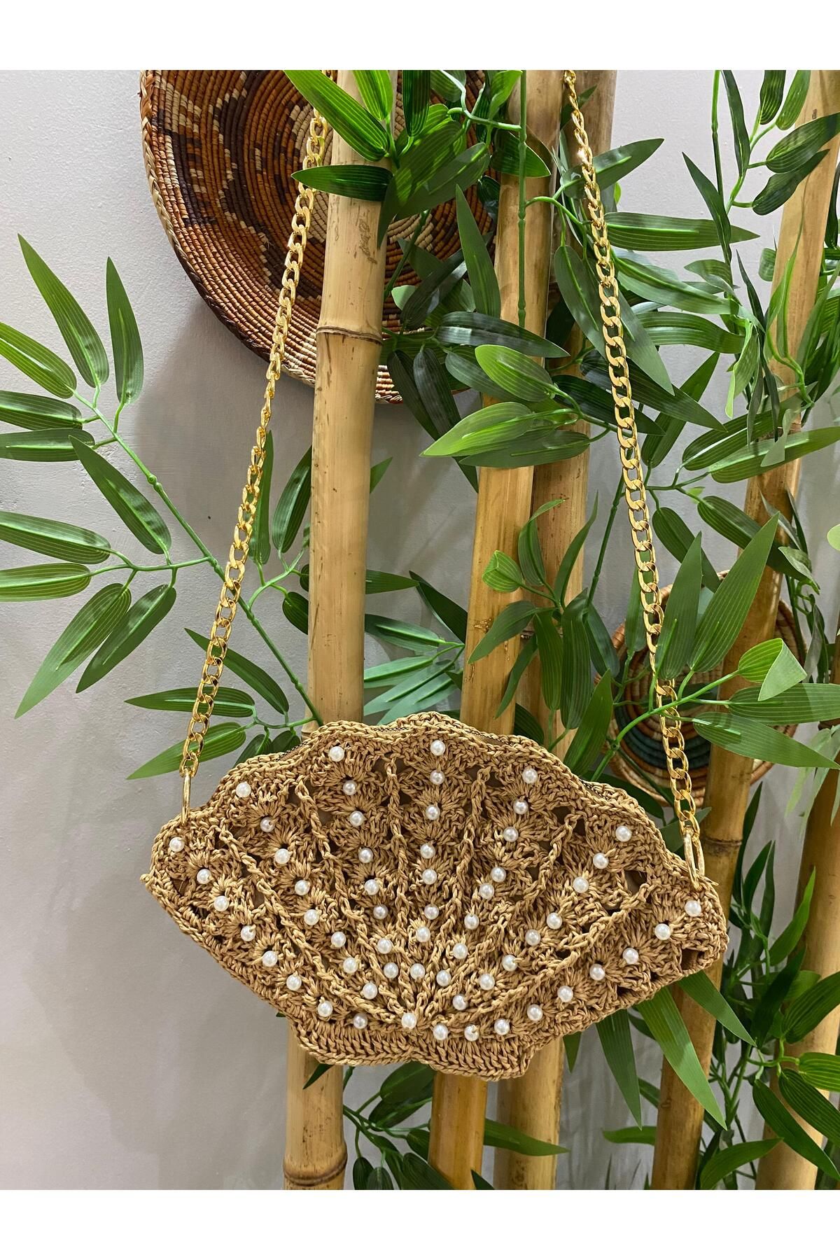 KÜBRA UYAN JEWELRY İncili Midye Çanta / İncili İstridye Çanta / İncili Hasır Çanta / Hasır El Örgüsü Çanta