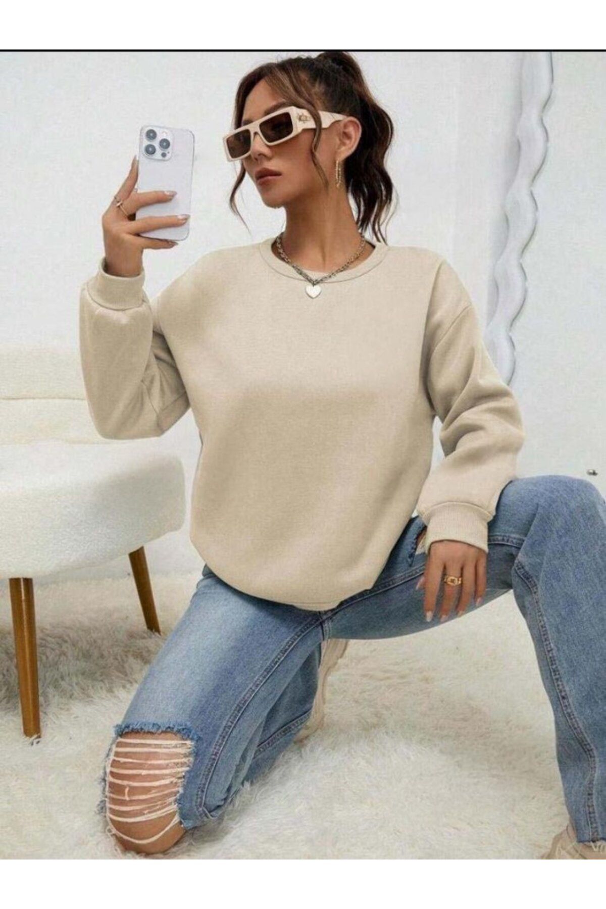 POLEXP Kadın Uzun Kollu Bisiklet Yaka şardonlu üç Iplik Kumaş Sweat