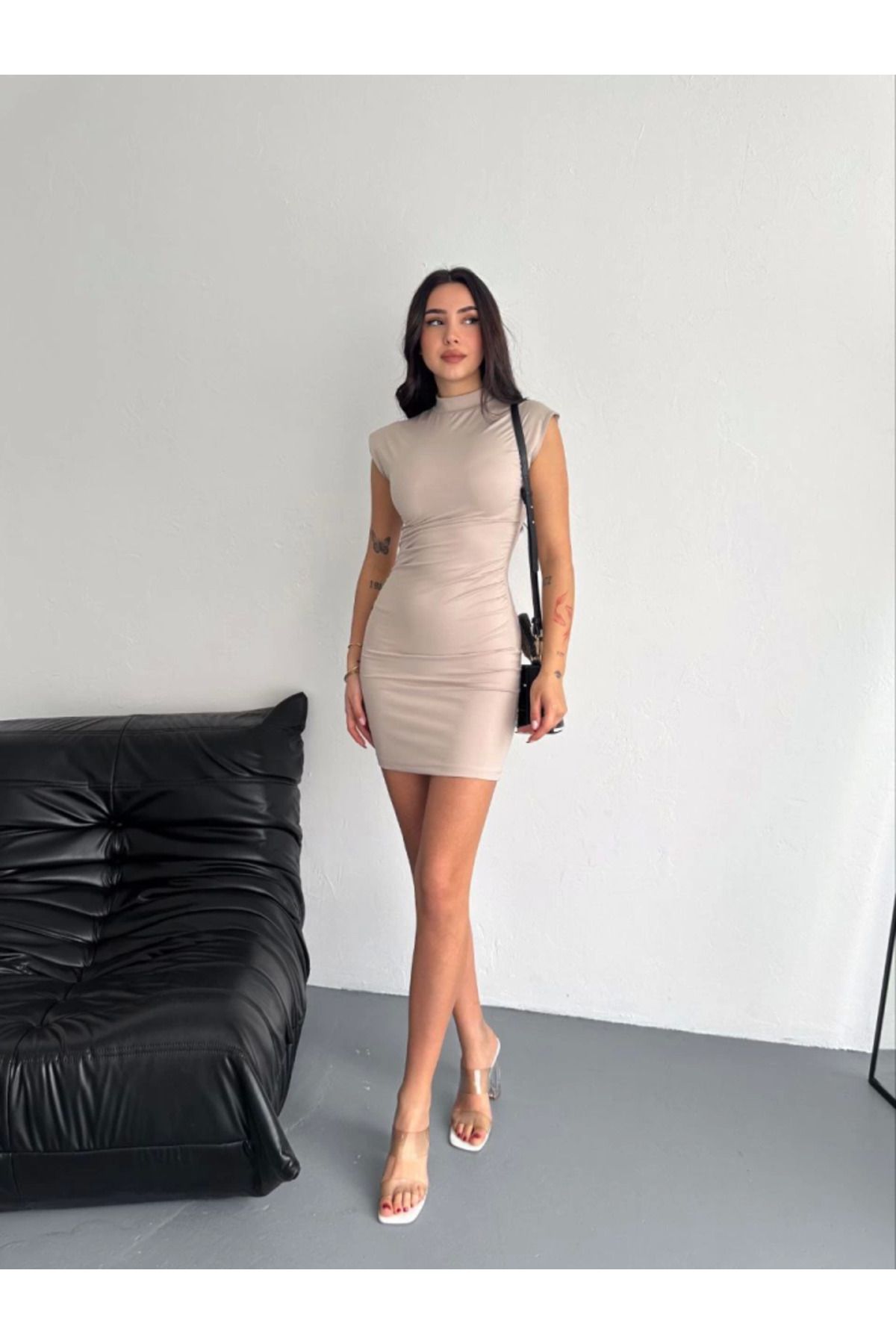 royq Yarım Bogazlı Kolsuz Mini Boy Elbise - Bej
