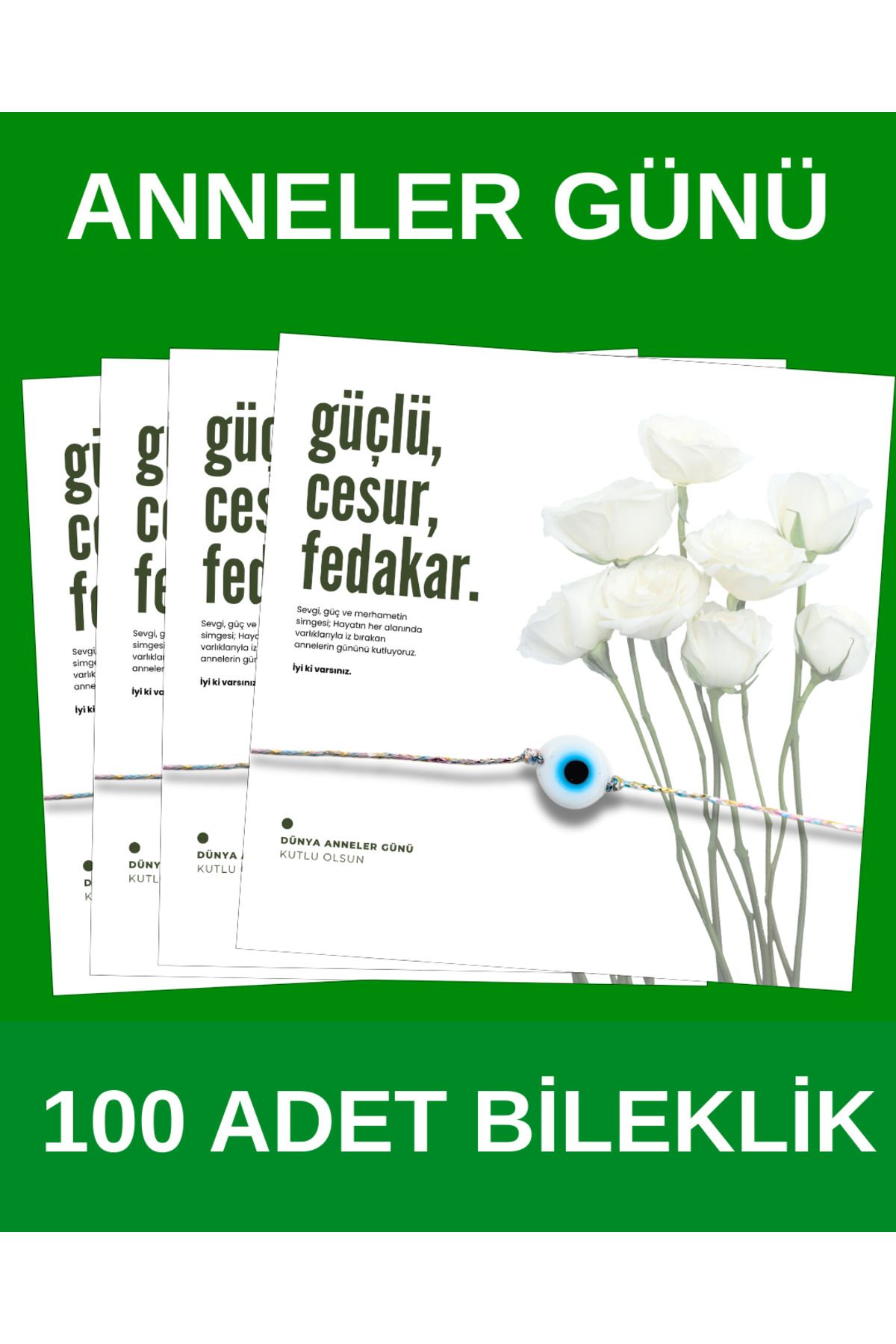 Taş Sanatı Doğaltaş Anneler Günü Cam Nazar Boncuklu Hediye Kartlı Şans Bilekliği - ( 100 Adet )