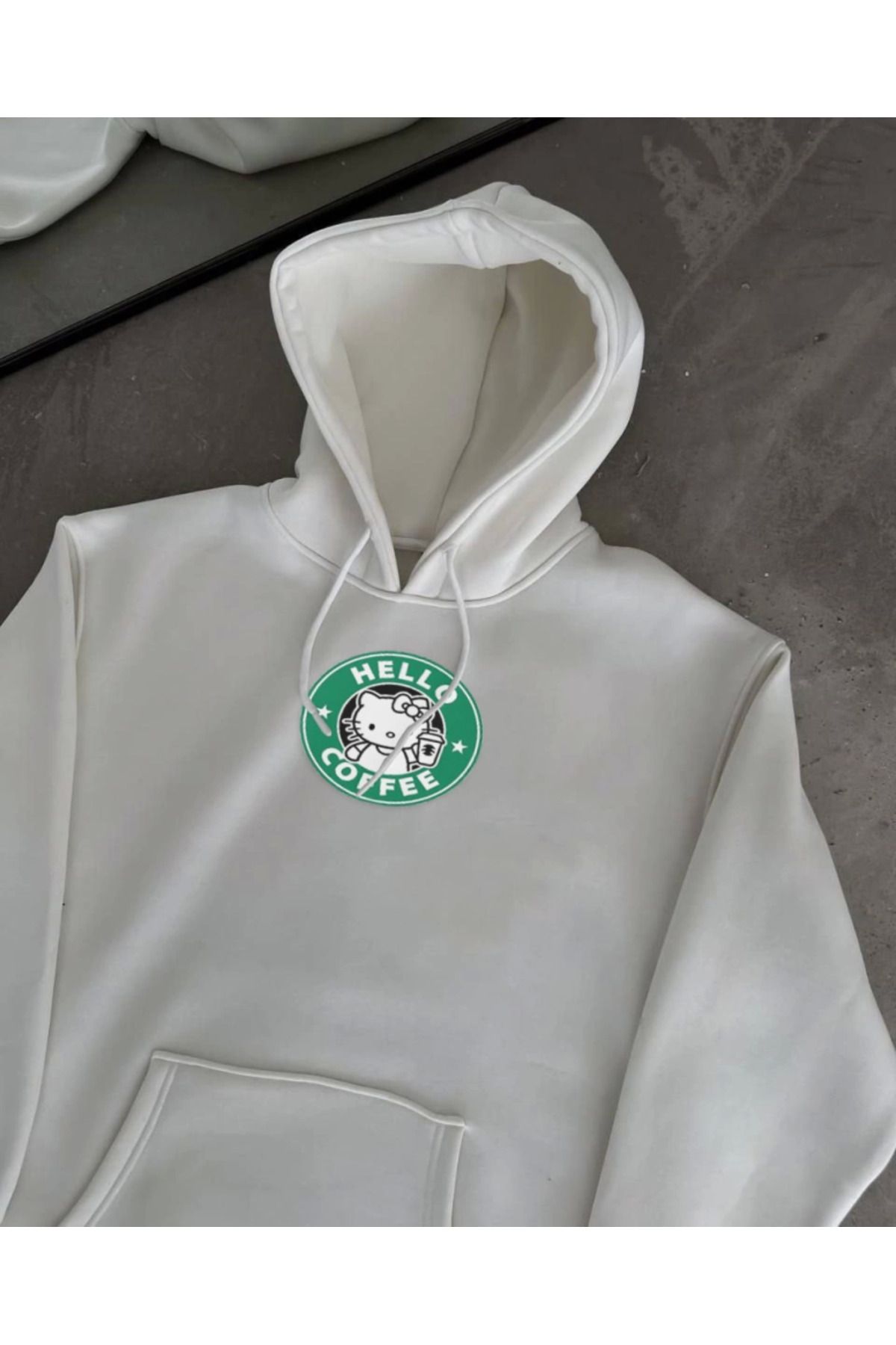 royq Üç İplik Penye Uzun Kol Kapşonlu SweatShirt - Beyaz