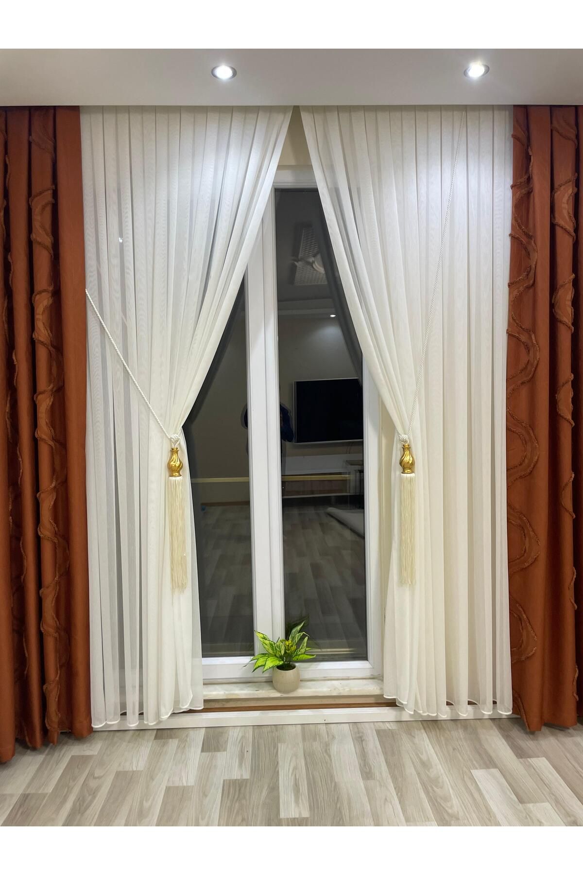 GACALLAR HOUSE Taçsoft Bambu Kruvaze Ağır Gramajlı Şantuklu 1/3 Kat Sık Pileli Ütü İstemez Aksesuar Dahil Tül Perde