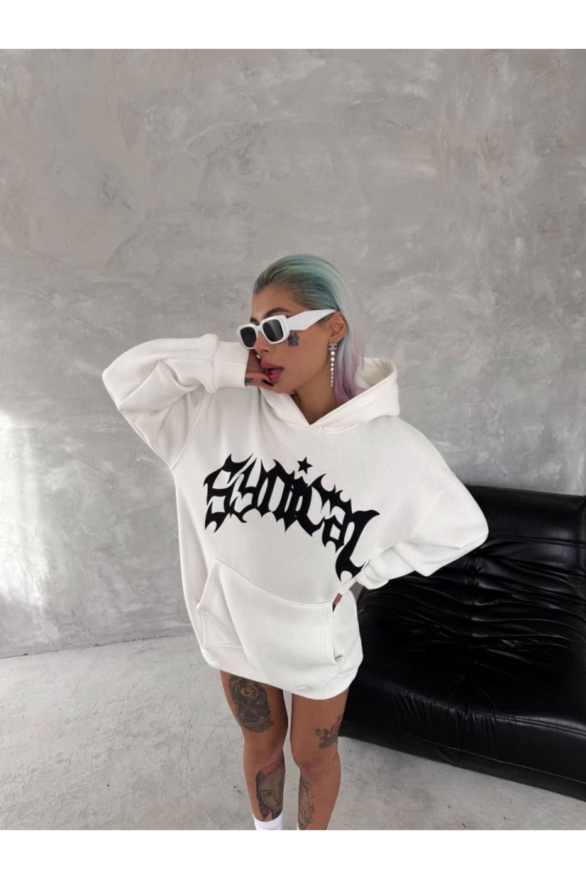 royq Unisex Üç İplik Kapşonlu Baskılı SweatShirt - Beyaz