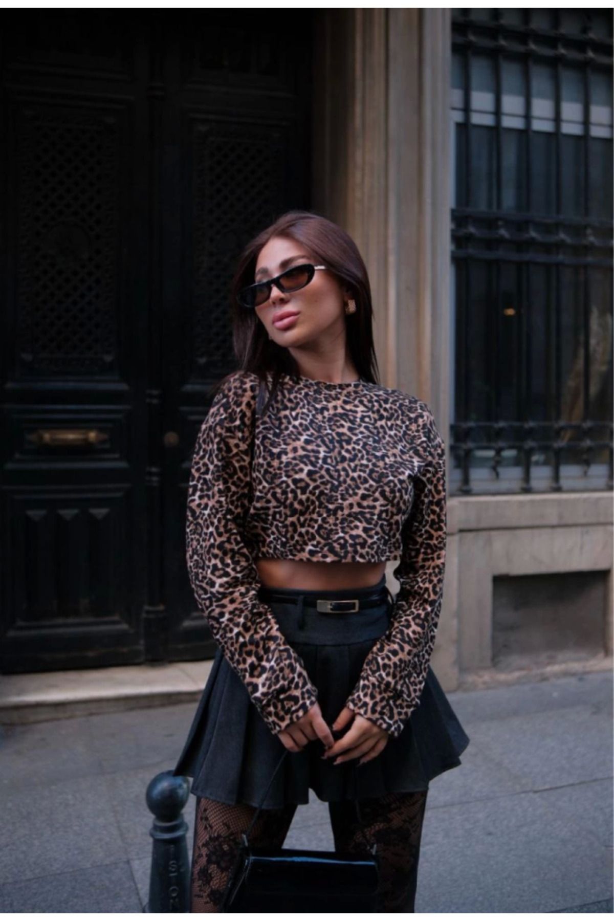 POLEXP Leopar Desenli Uzun Kollu Crop - Leopar