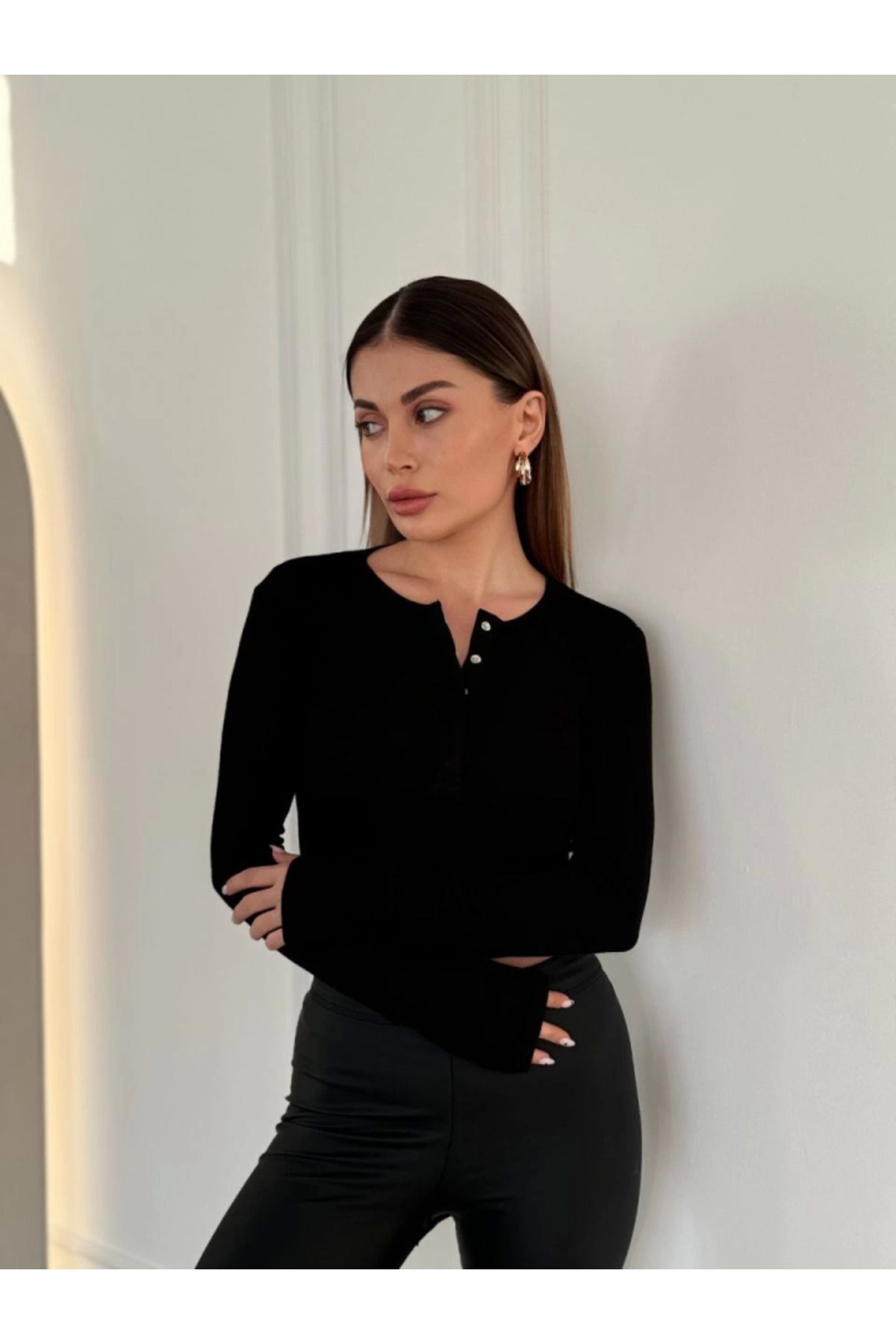 POLEXP Cıt Cıt Detaylı Uzun Kollu Crop - Siyah