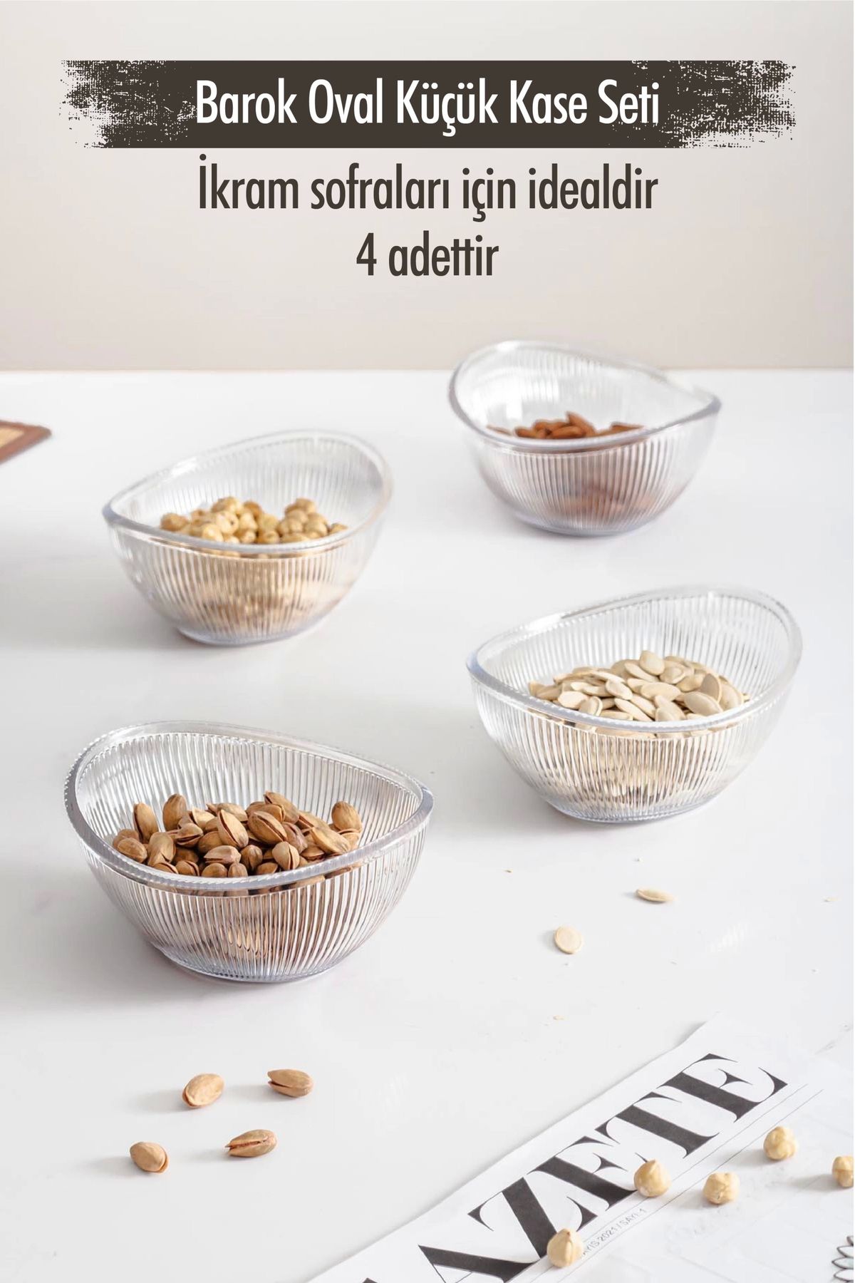 FTT SHOPPING MARKET Akrilik Barok Şeffaf Oval 4'lü Küçük Kase Seti & Çerezlik & Sunumluk & İkramlık (Cam Değildir)