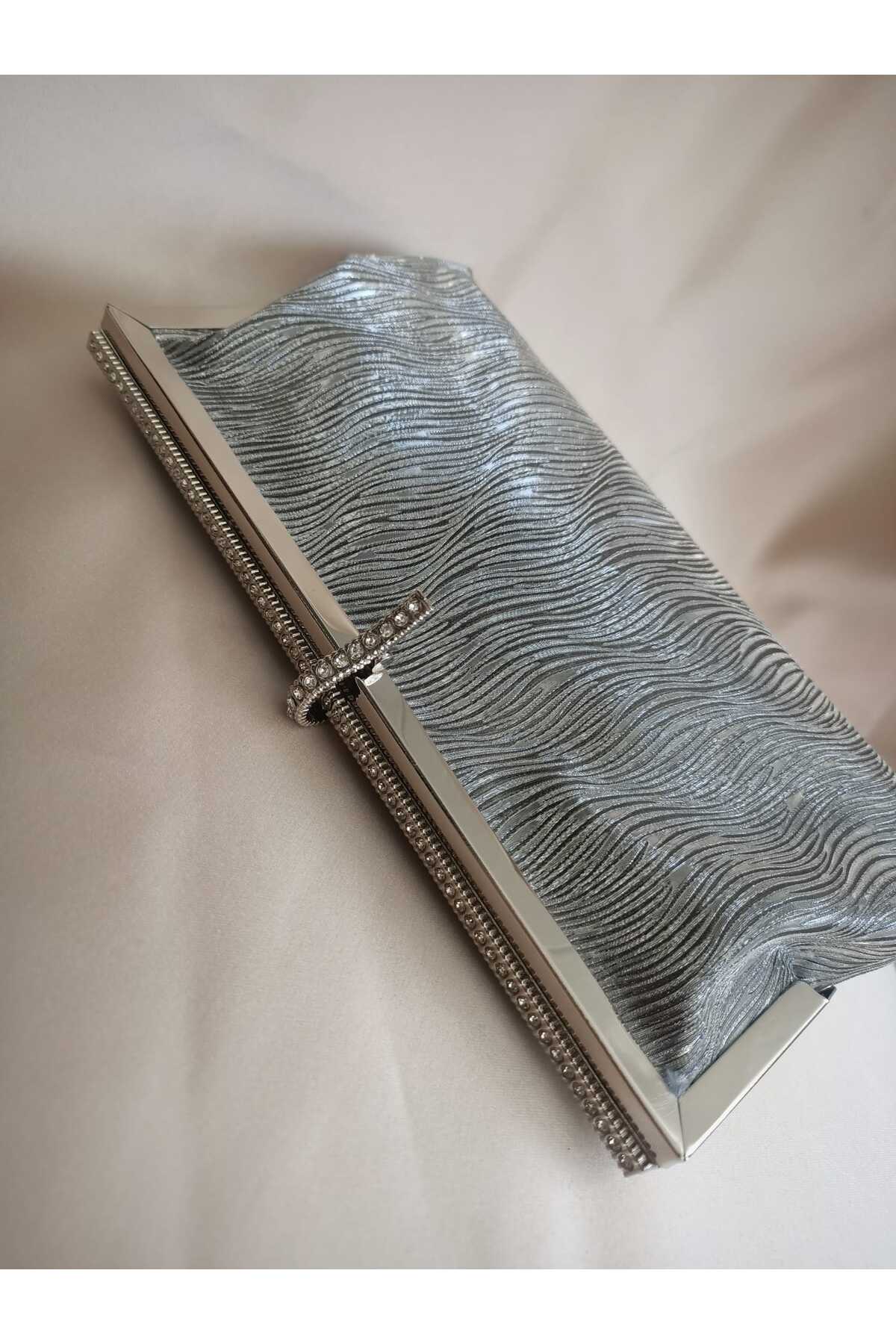 Gül Karatekin Kadın Platin Gümüş Desenli Taş Detaylı Cüzdan Clutch Model Portföy Özel Gün Ve Abiye Çanta görsel 2