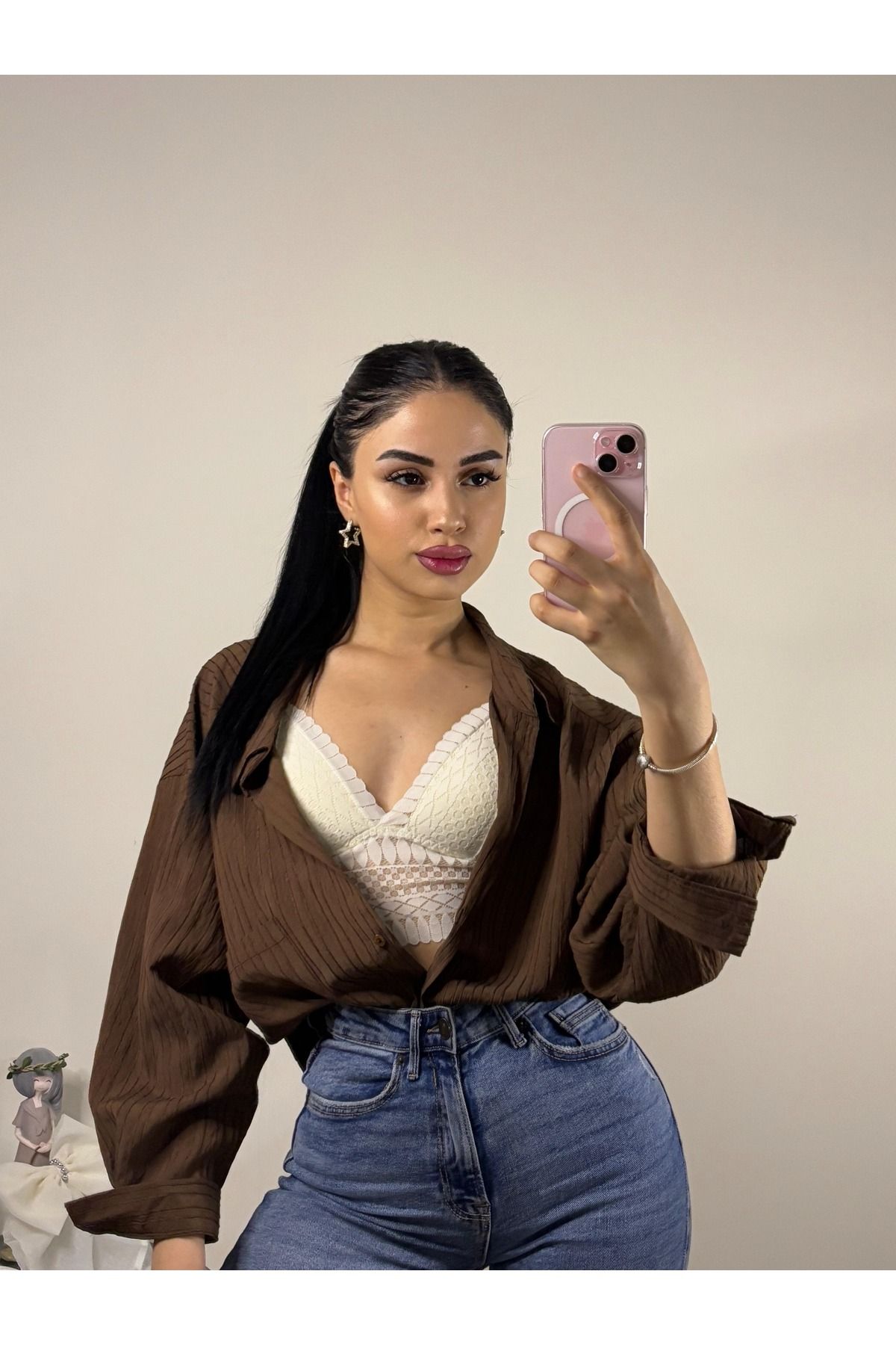 Butik Kahve Oversize Şönil Gömlek