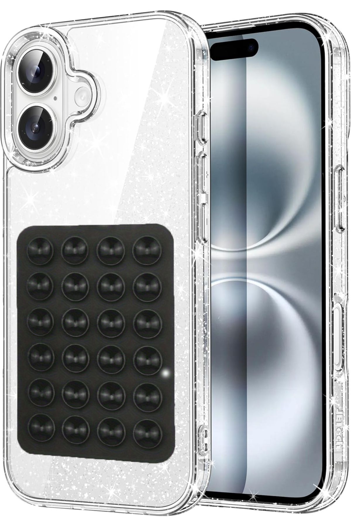 EDELFU iPhone 16 PLUS için UYUMLU Simli Sert Sararmaz Şeffaf Kılıf, Telefon Tutacağı Vakum Silikon ve Kapak
