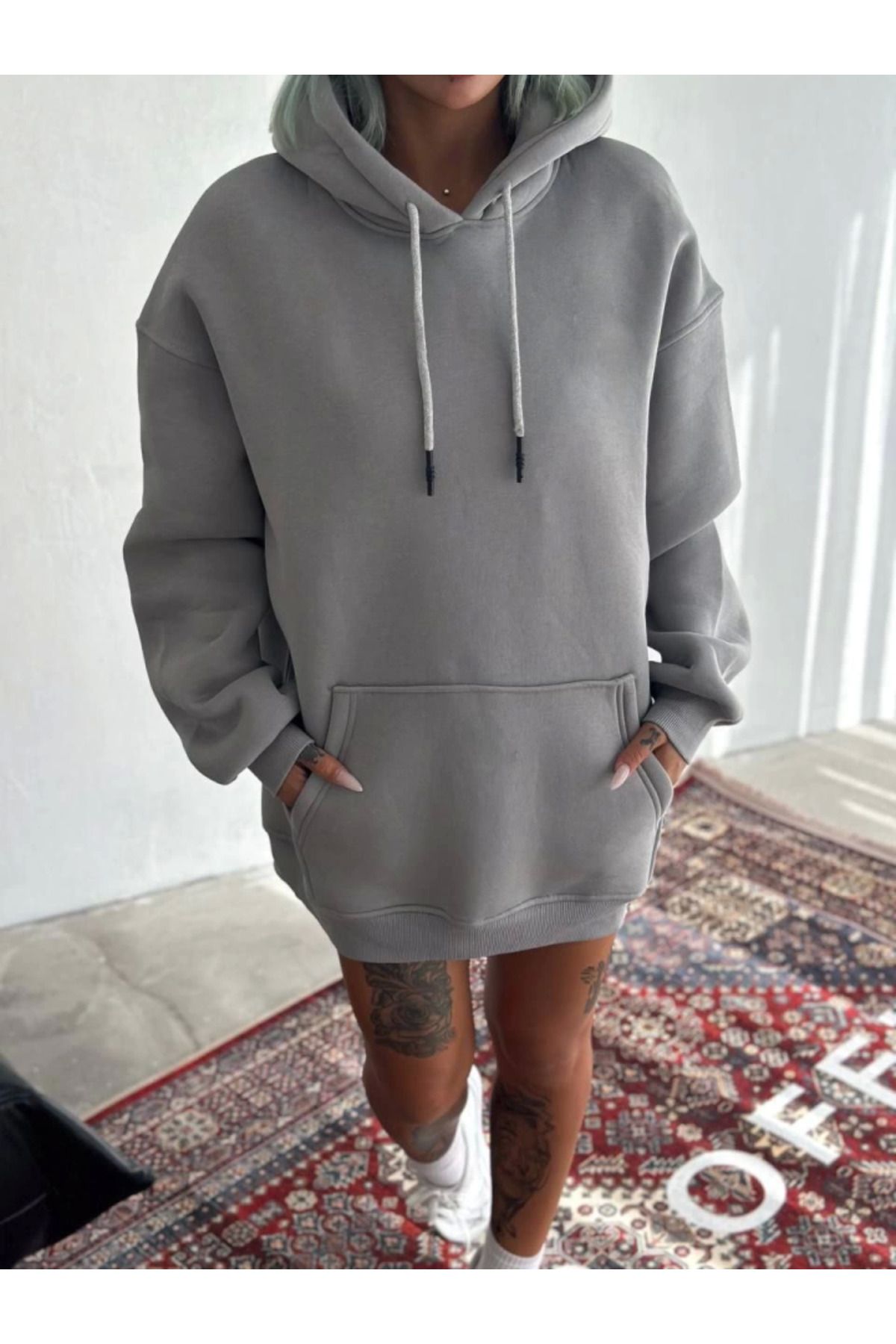 POLEXP Kapşonlu Üç İplik Penye Basic SweatShirt - Boyalı Gri