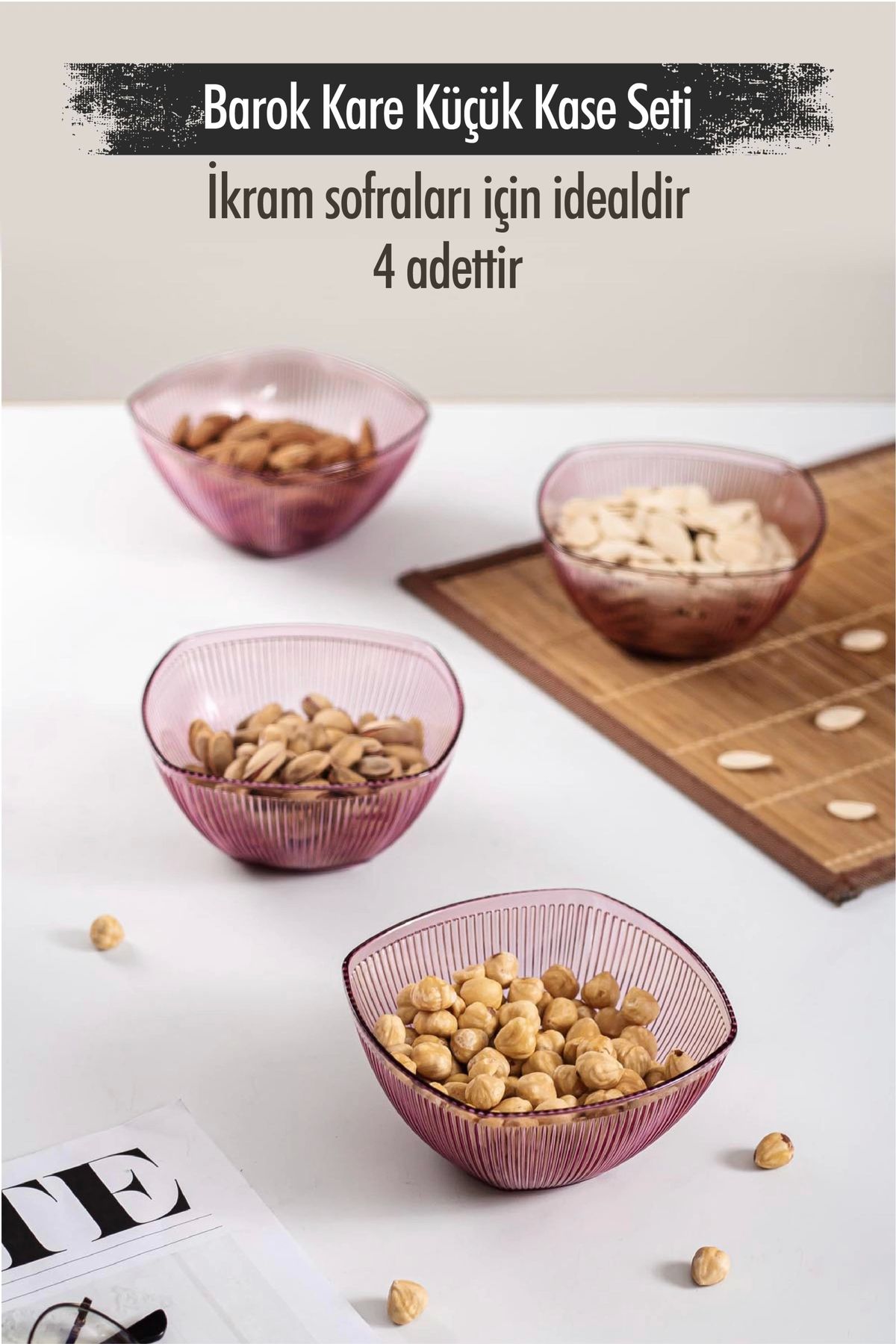 FTT SHOPPING MARKET Akrilik Barok Mürdüm Kare 4'lü Küçük Kase Seti & Çerezlik & Sunumluk & İkramlık (Cam Değildir) 6817D