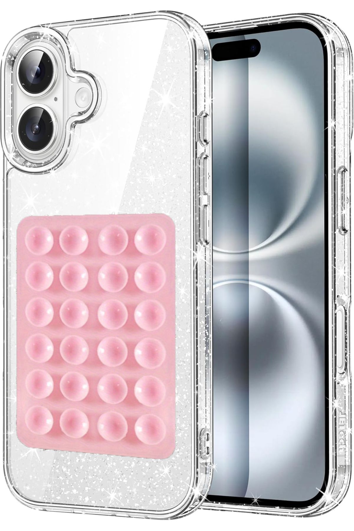 EDELFU iPhone 16 için UYUMLU Simli Sert Sararmaz Şeffaf Kılıf, Telefon Tutacağı Vakum Silikon ve Kapak