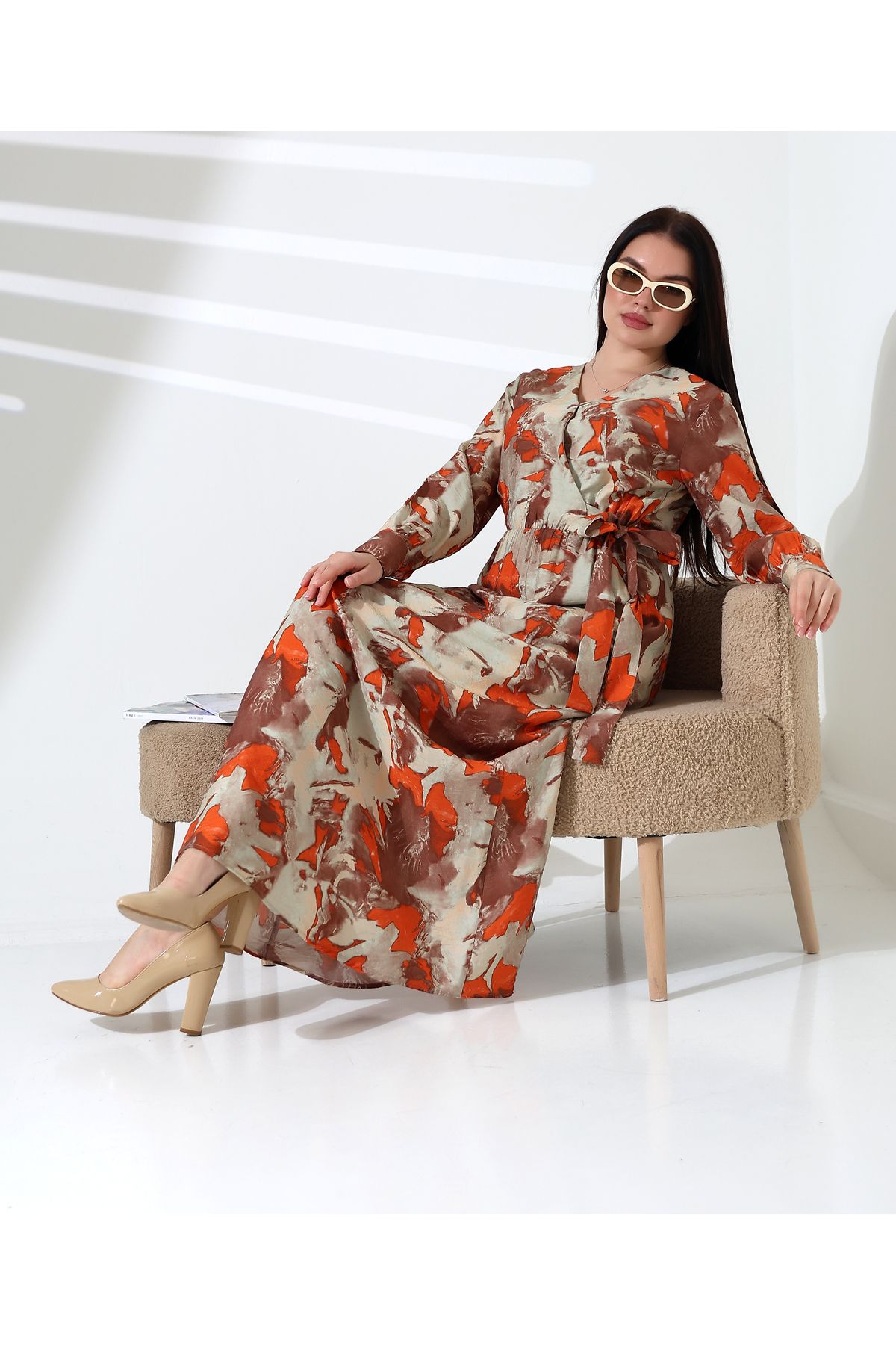 Limon X BELİ LASTİKLİ ÇİÇEK DESENLİ ELBİSE