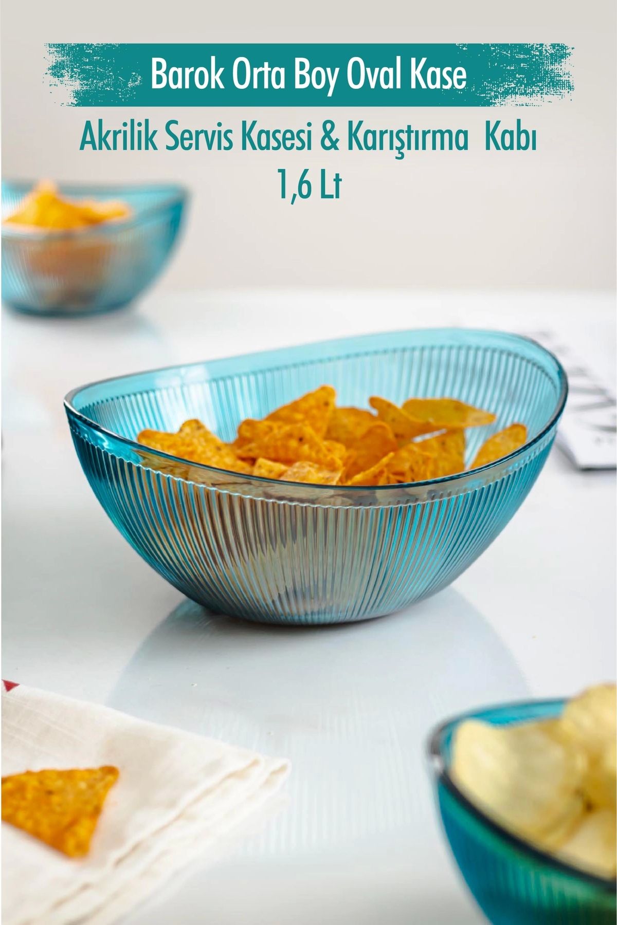FTT SHOPPING MARKET Akrilik Barok Aquamarin Orta Boy Oval Meyve & Salata Kasesi & Karıştırma Kabı / 1,6 Lt (CAM DEĞİLDİ