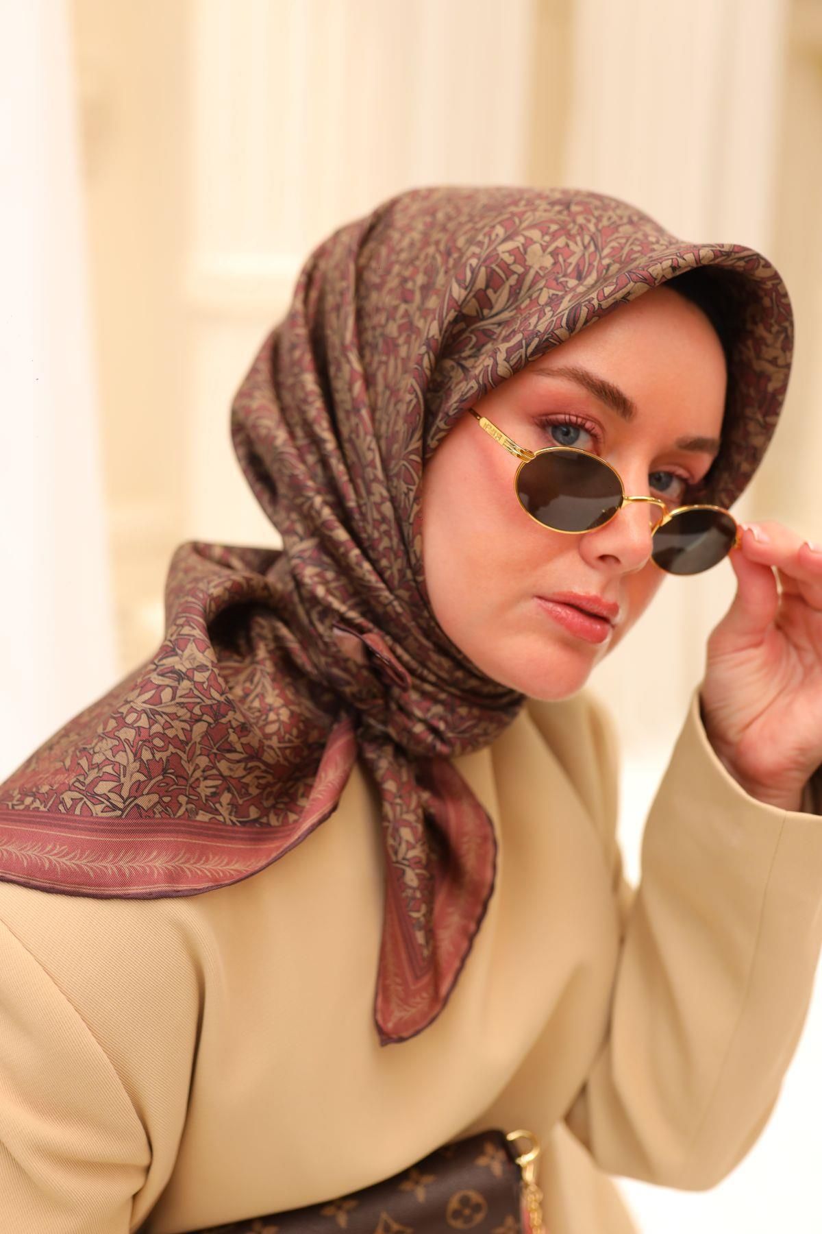 Silk Home Vizon Gül Kurusu Yaprak Desen Saf İpek Tivil Dokuma Eşarp-11459-25-KVS0697