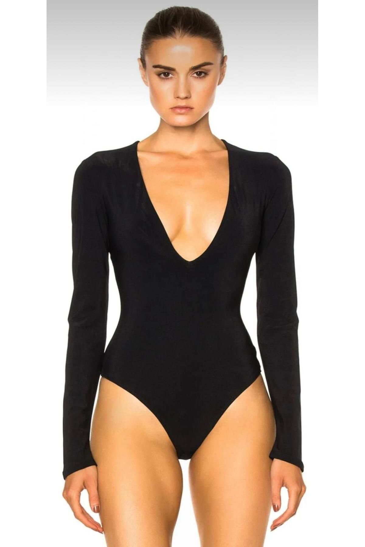 BARBATRE Kadın İpek Jarse Derin V Yaka Bodysuit
