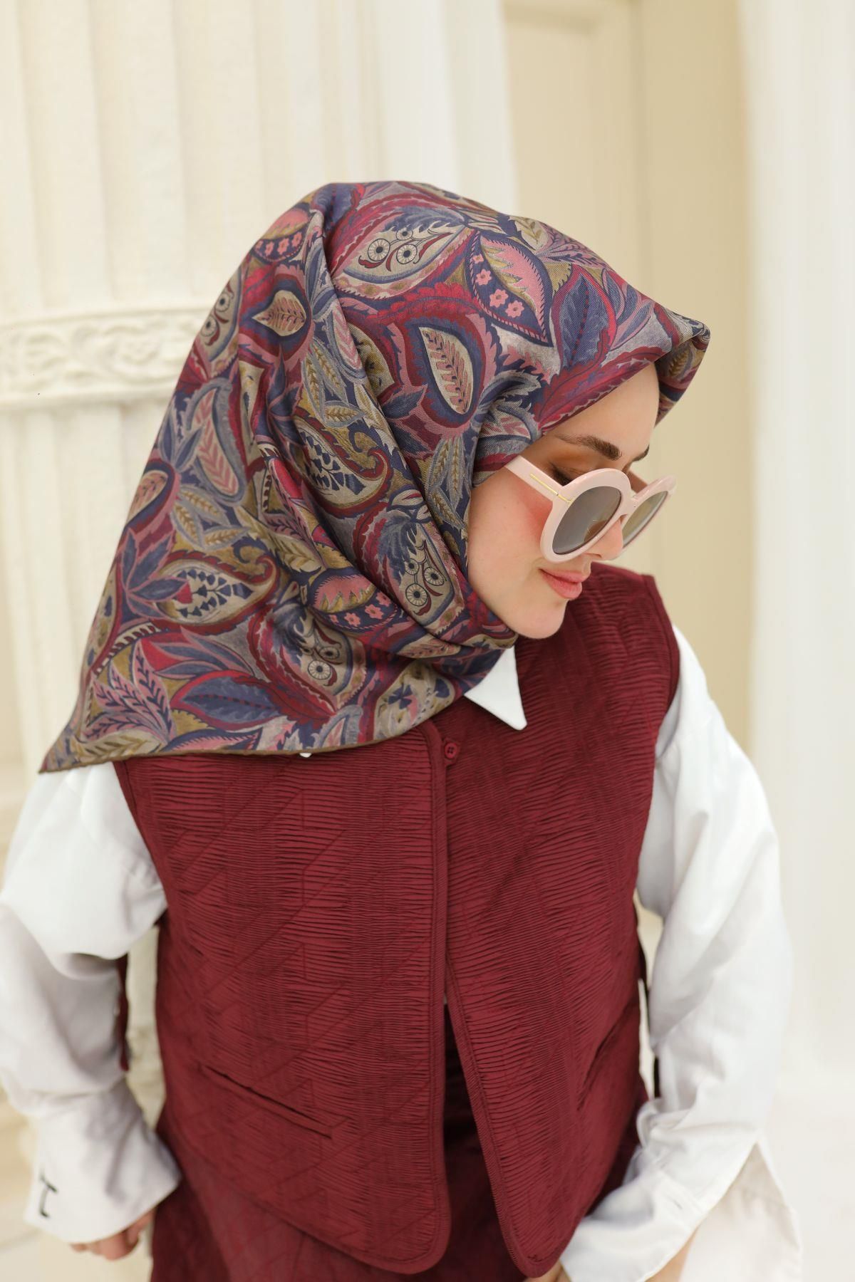 Silk Home Vizon Bordo Yaprak Desen Saf İpek Tivil Dokuma Eşarp-11456-12-KVS0715