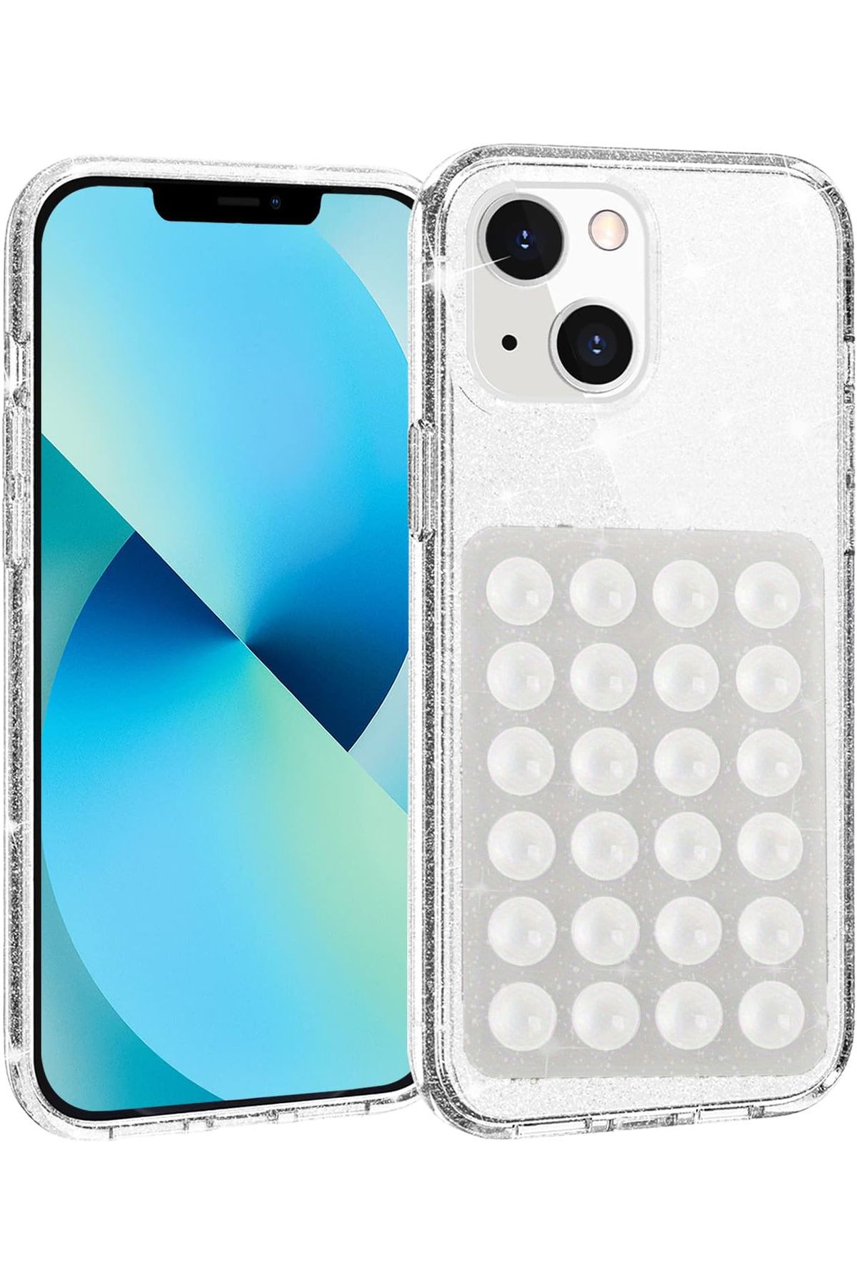 EDELFU iPhone 15 - 14 ve 13 UYUMLU Simli Sert Sararmaz Şeffaf Kılıf, Telefon Tutacağı Vakum ve ince Kapak