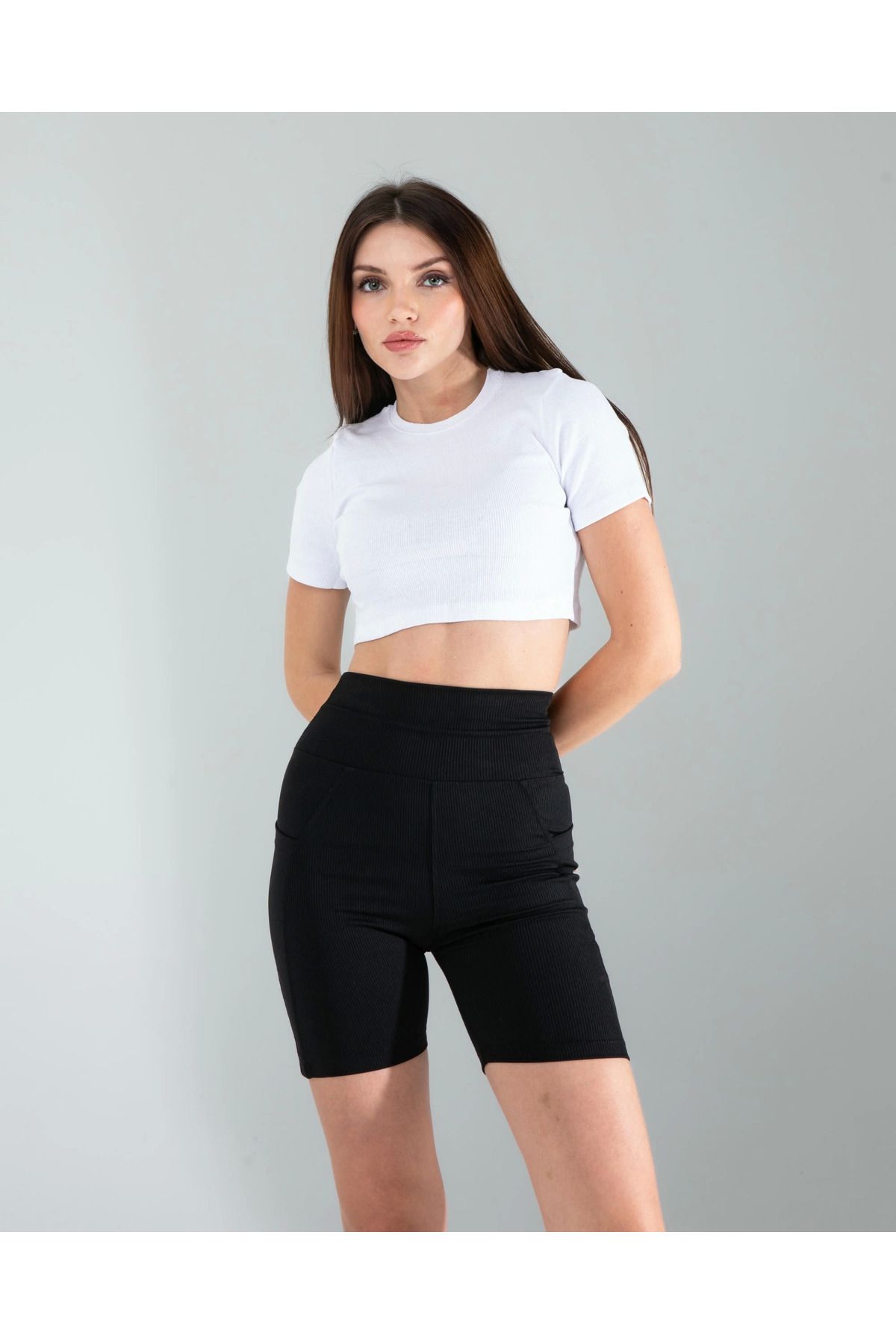 POLEXP Siyah Fitilli Push Up Toparlayıcı Biker Spor Tayt