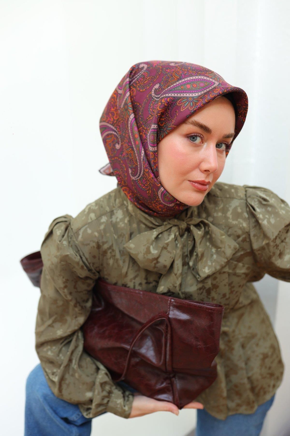 Silk Home Vişne Etnik Desen Saf İpek Tivil Dokuma Eşarp-11455-23-KVS0728