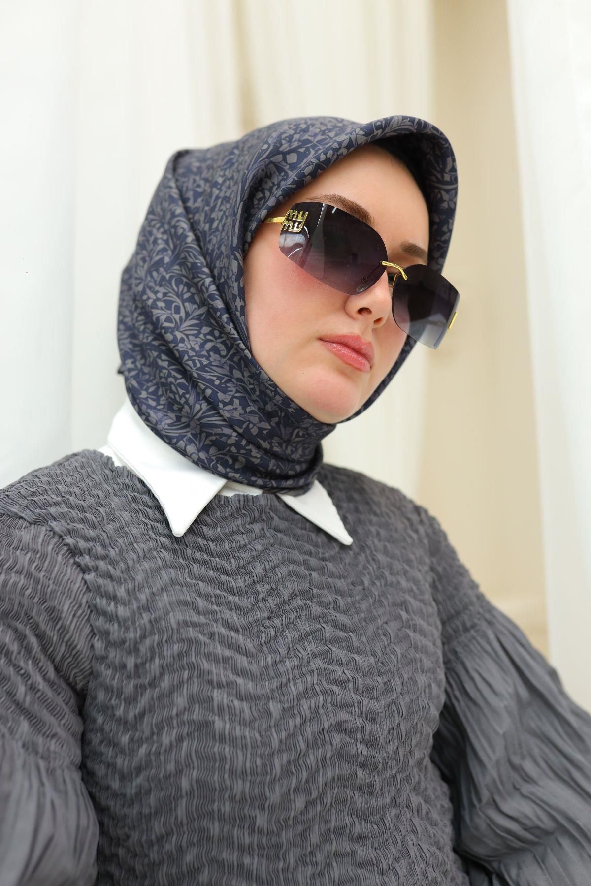 Silk Home Lacivert Gri Yaprak Desen Saf İpek Tivil Dokuma Eşarp-11459-14-KVS0709