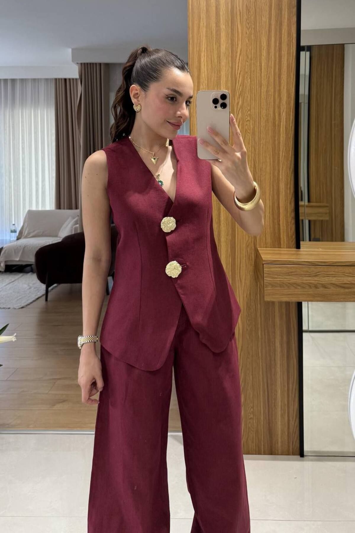 Castivo Fashion Altın Düğmeli Şık Yelek Pantolon Takım