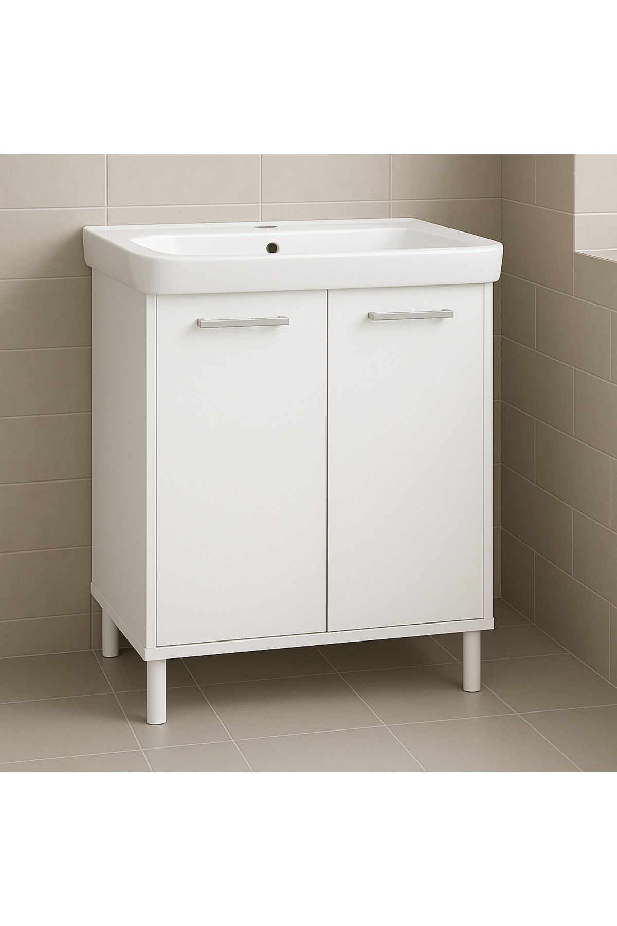 YURKUR MOBİLYA Şık Beyaz Siyah Mermer Desenli Banyo Alt Dolabı Ayaklı Lavabo Dolabı Raflı, Çift Kapaklı