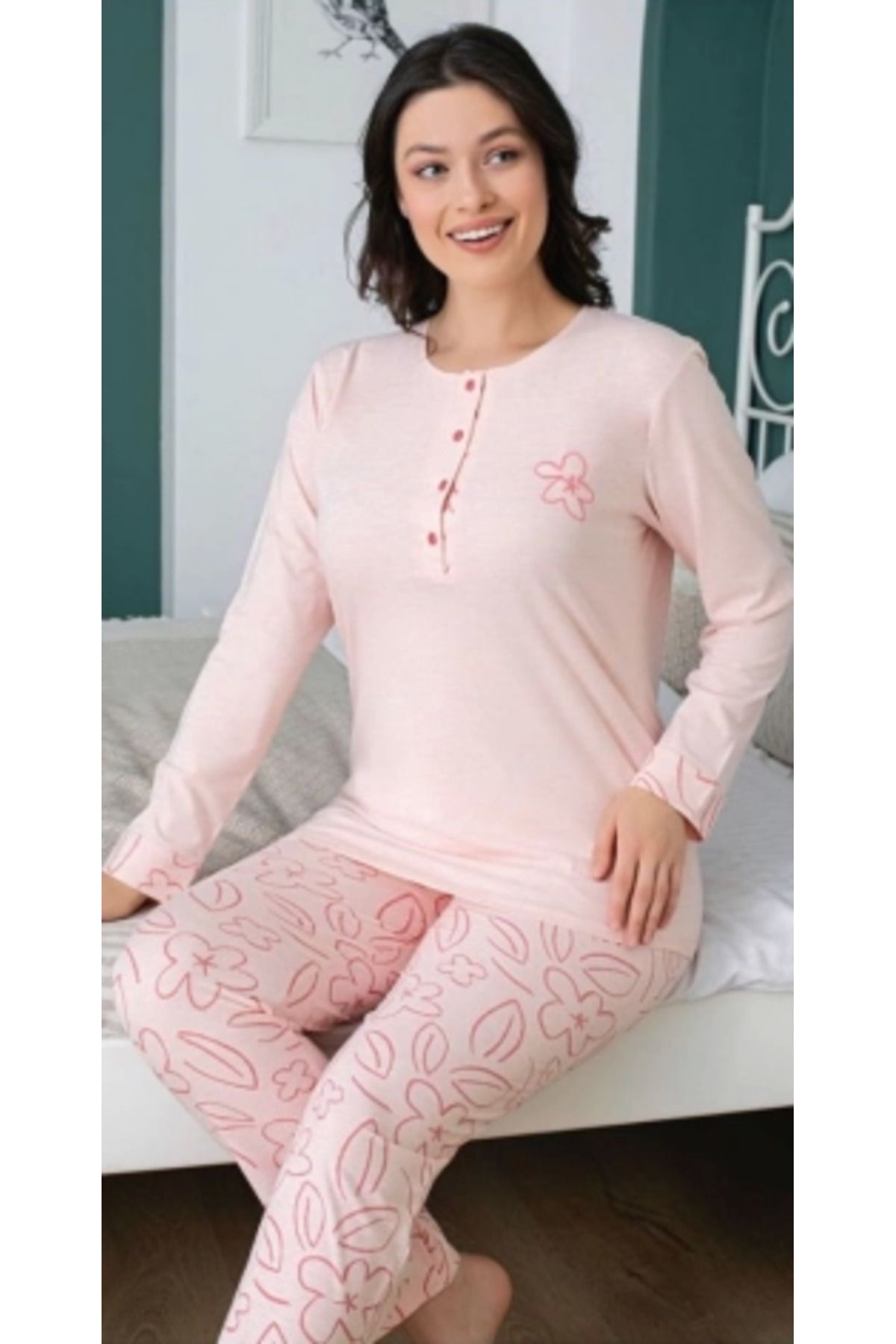 FTT SHOPPING MARKET Azze Freshness 207 Yarı Patlı Uzun Kol Pijama Takımı