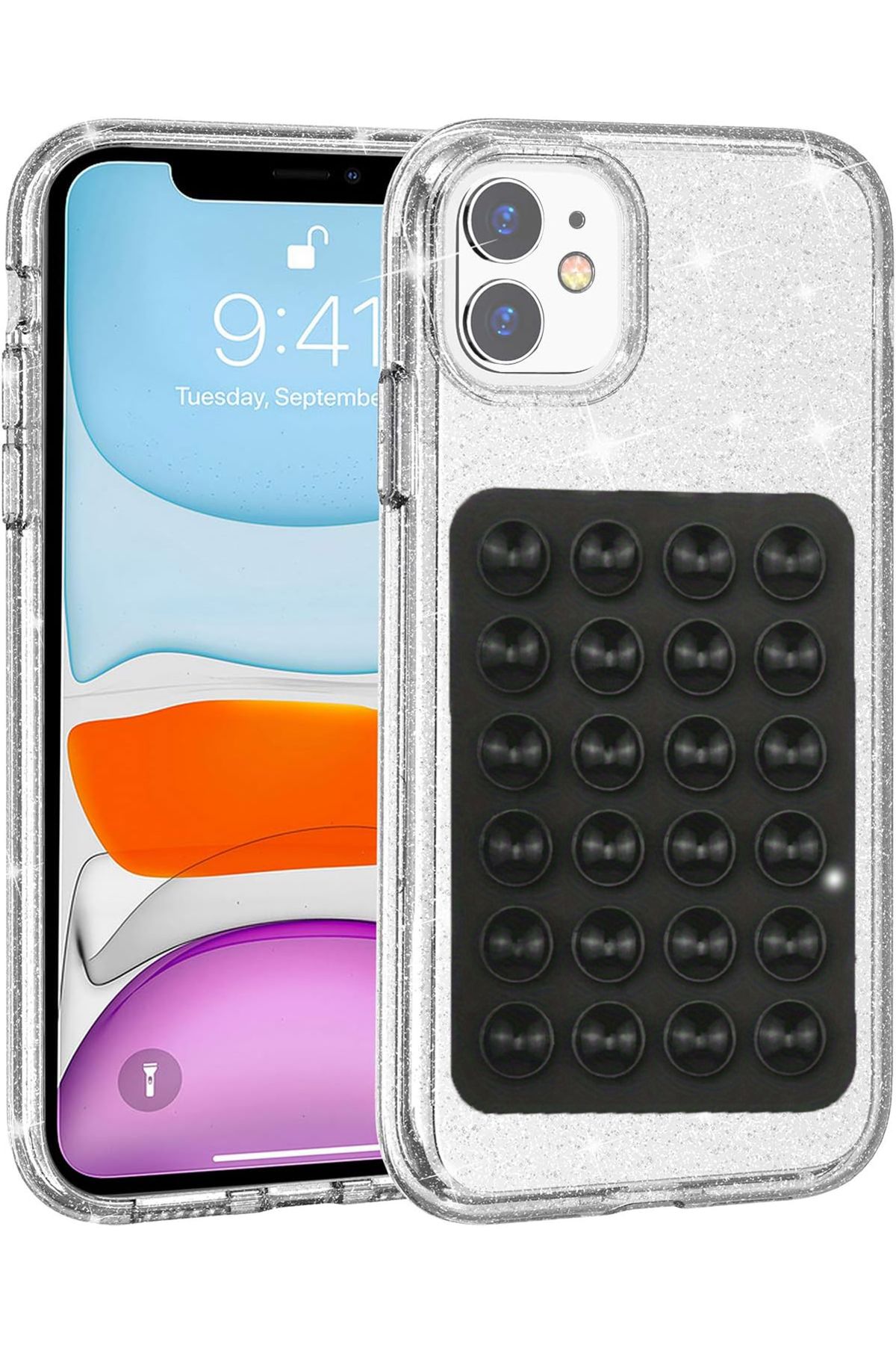 EDELFU iPhone 11 (6.1 inç) UYUMLU Simli Sert Sararmaz Şeffaf Kılıf, Telefon Tutacağı Vakum ve ince Kapak