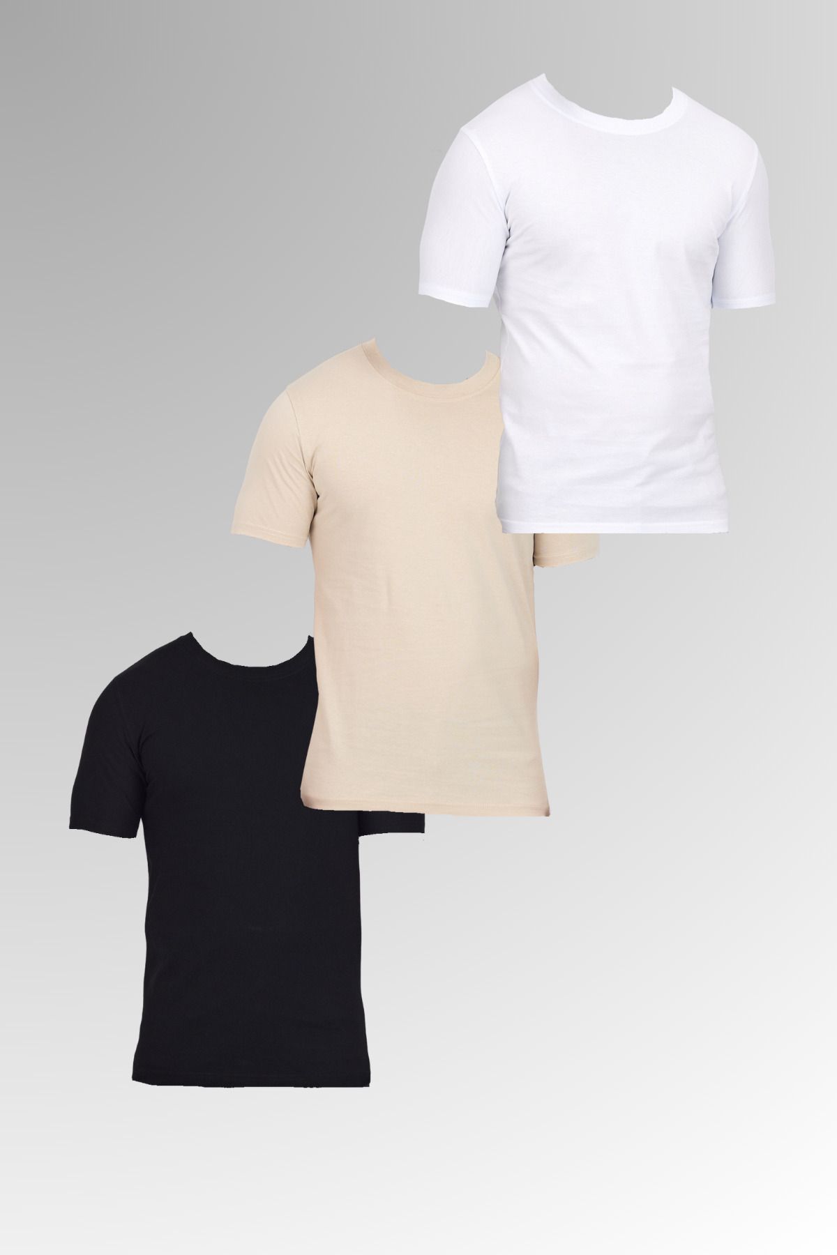 DAMGA JEANS Erkek Pamuklu Bisiklet Yaka Kısa Kollu Dar Yazlık Siyah - Krem - Beyaz 3 Lü Basic Tişört Paketi