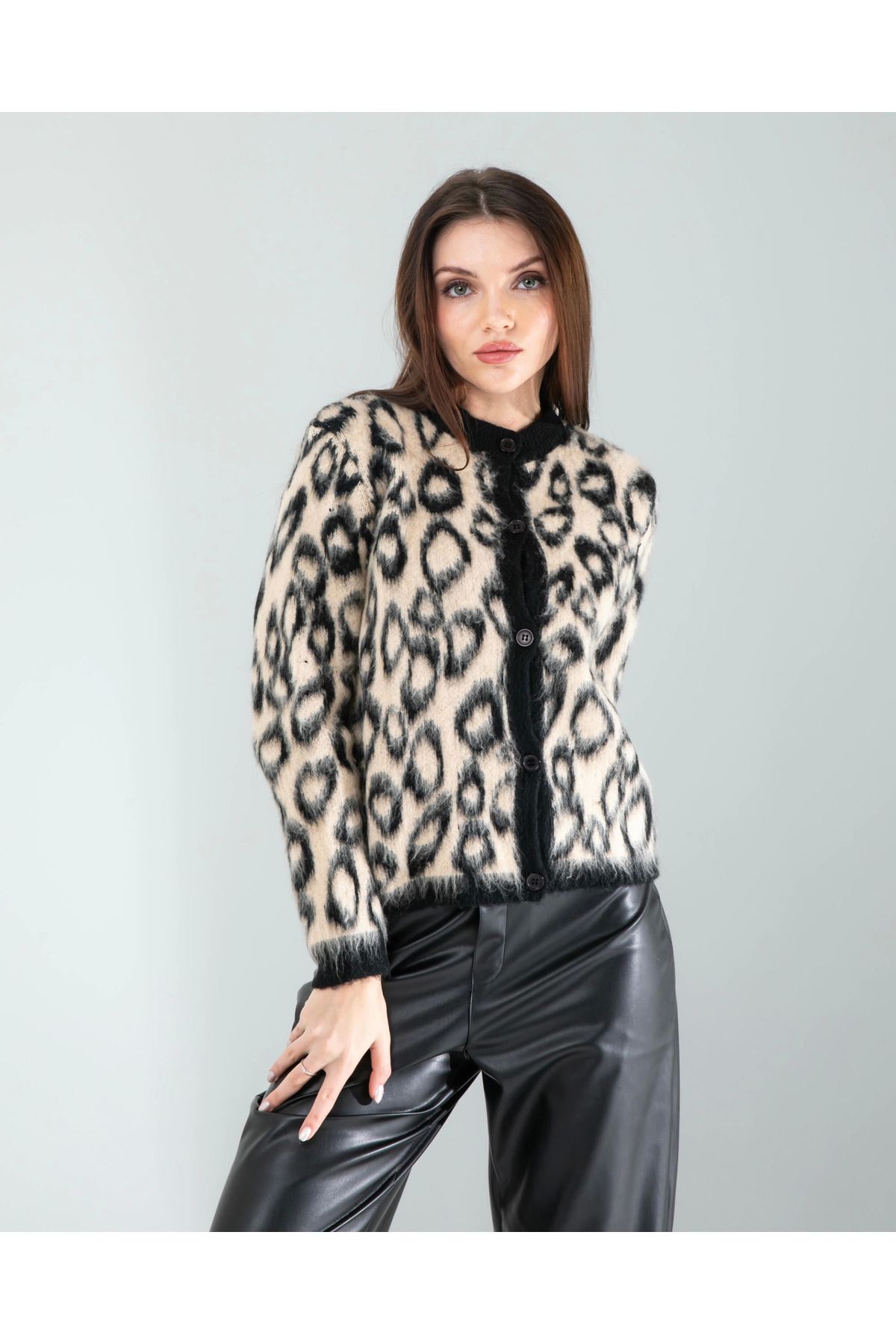 POLEXP Camel Leopar Desen Sakal Triko Hırka
