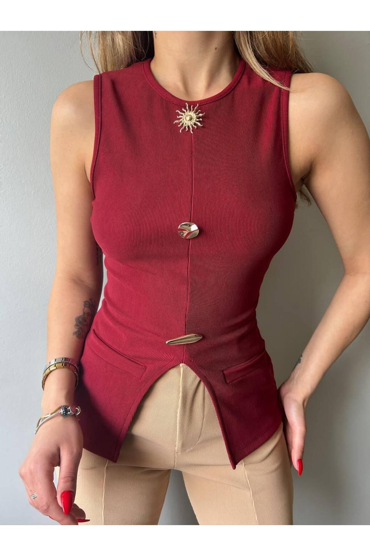 Nisa Luxury Boutique Ottoman Kumaş Güneş Serisi Sıfır Kol Likralı Eteği V Bluz