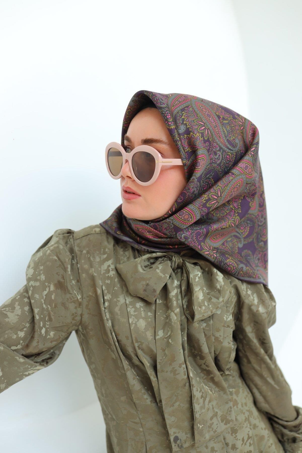 Silk Home Mor Yeşil Etnik Desen Saf İpek Tivil Dokuma Eşarp-11455-32-KVS0729