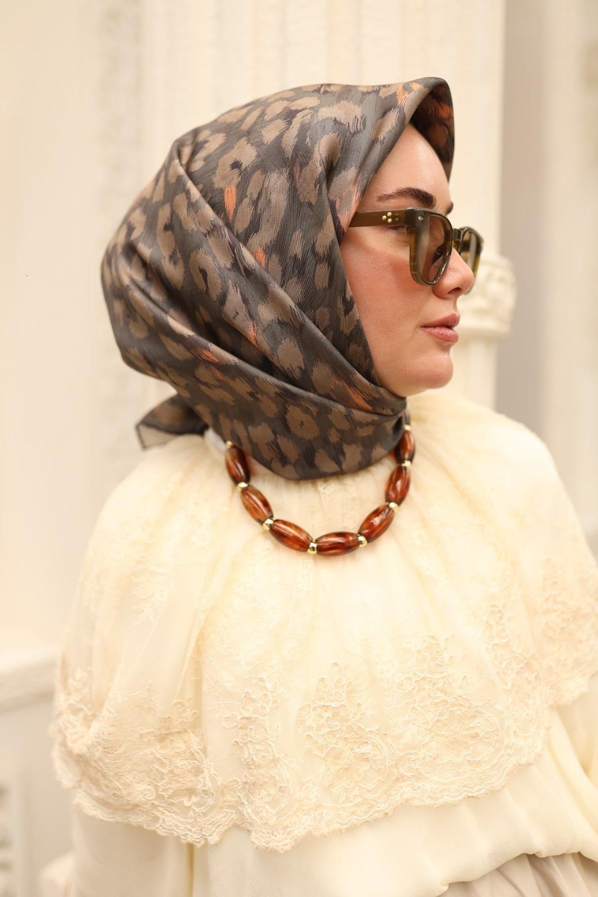 Silk Home Vizon Füme Leopar Desen Saf İpek Tivil Dokuma Eşarp-11451-14-KVS0687