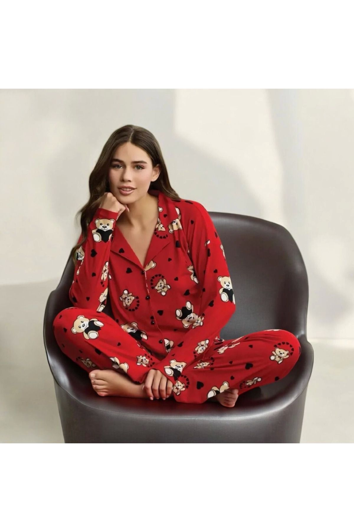 FTT SHOPPING MARKET Azze Pijamoni 5660 Kadın Ayıcık Desenli Gömlek Yaka Pijama Takımı